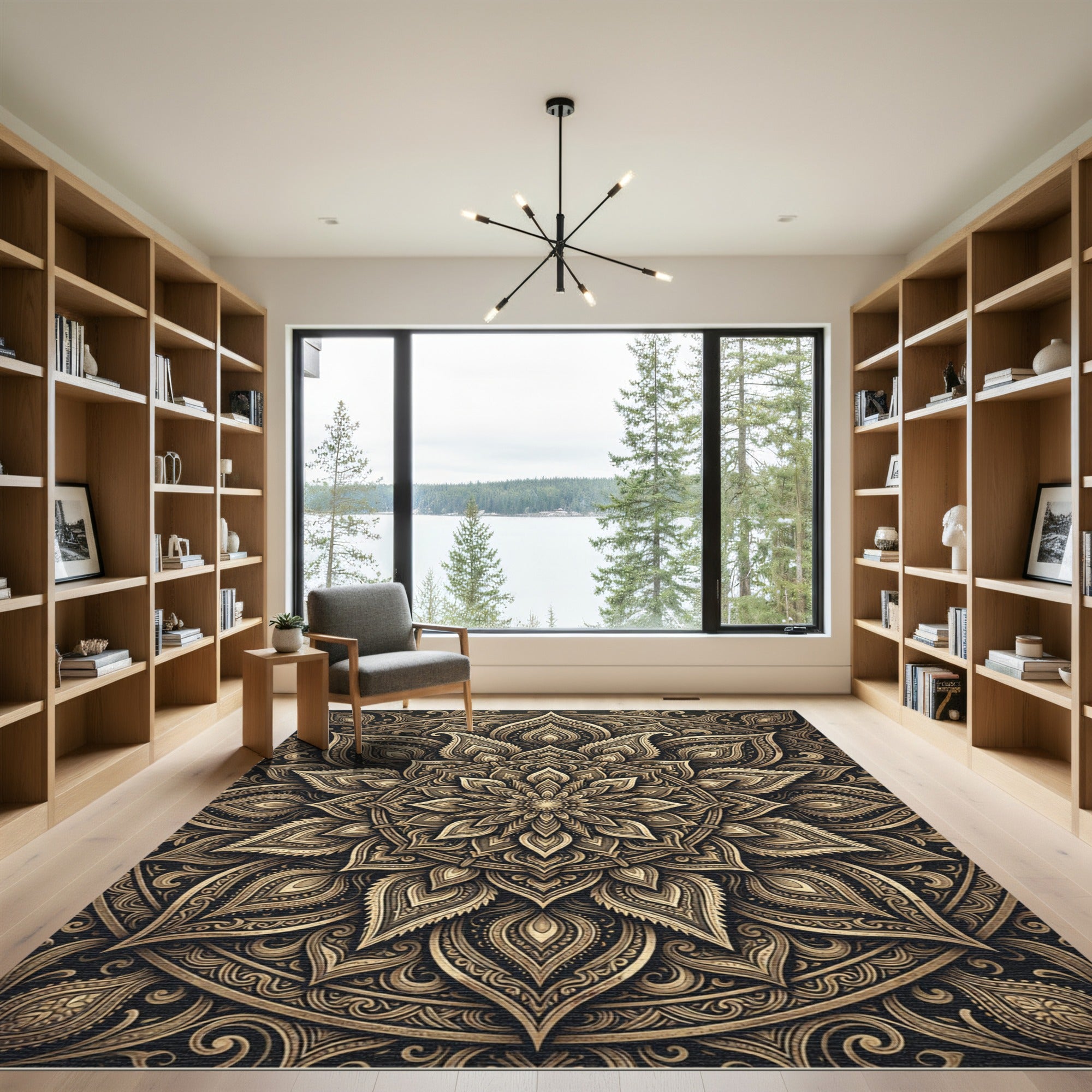 Ornate Gold Floral Symmetry Mandala Rug