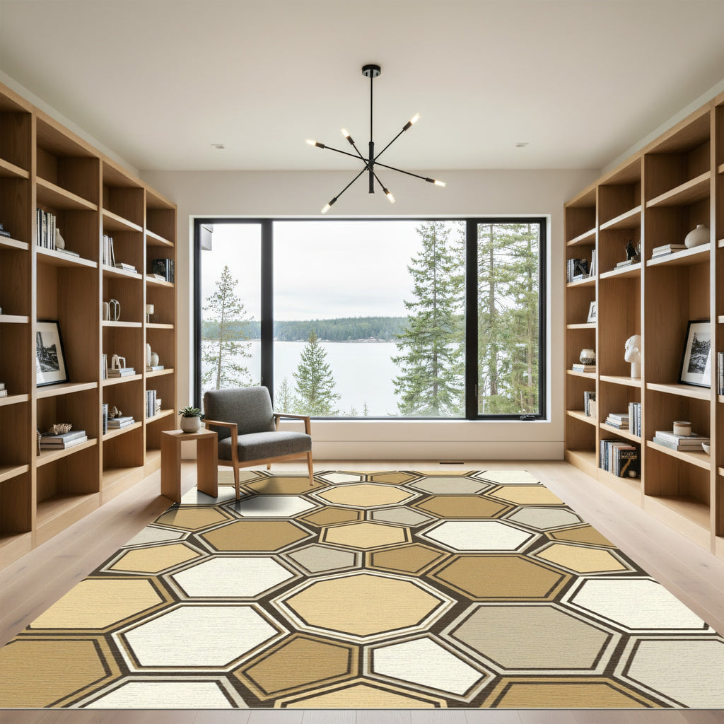Contemporary Earth Tone Geometric Hexagon Rug