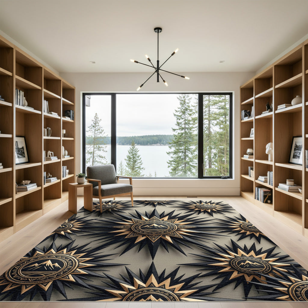 Celestial Gold and Black Starry Mountain Rug