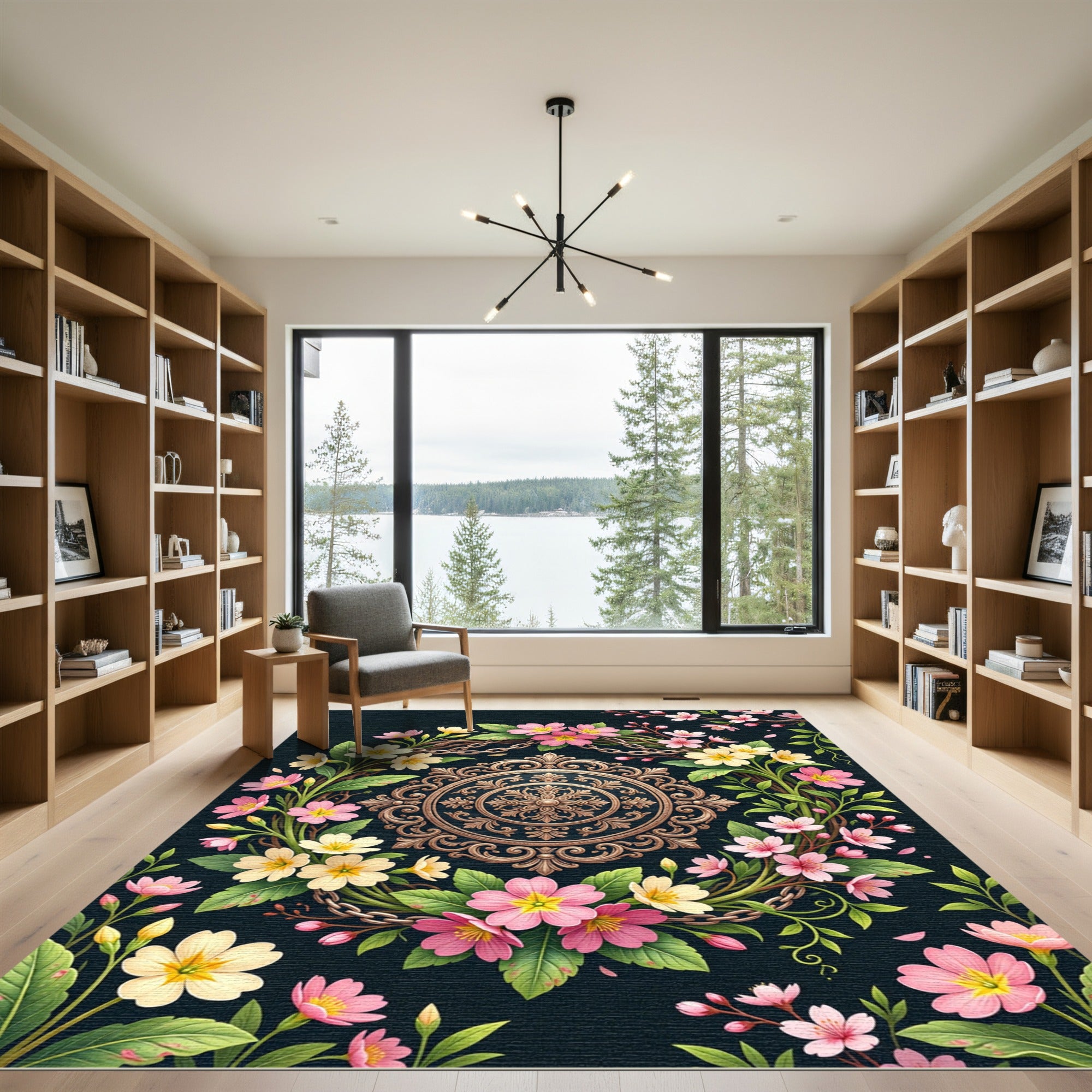 Ornate Pink Primrose Floral Circular Medallion Rug