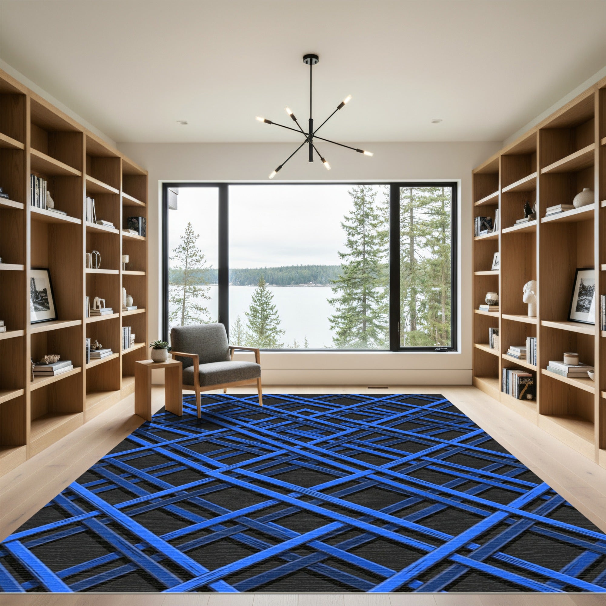 Vibrant Blue Interwoven Geometric Grid Rug
