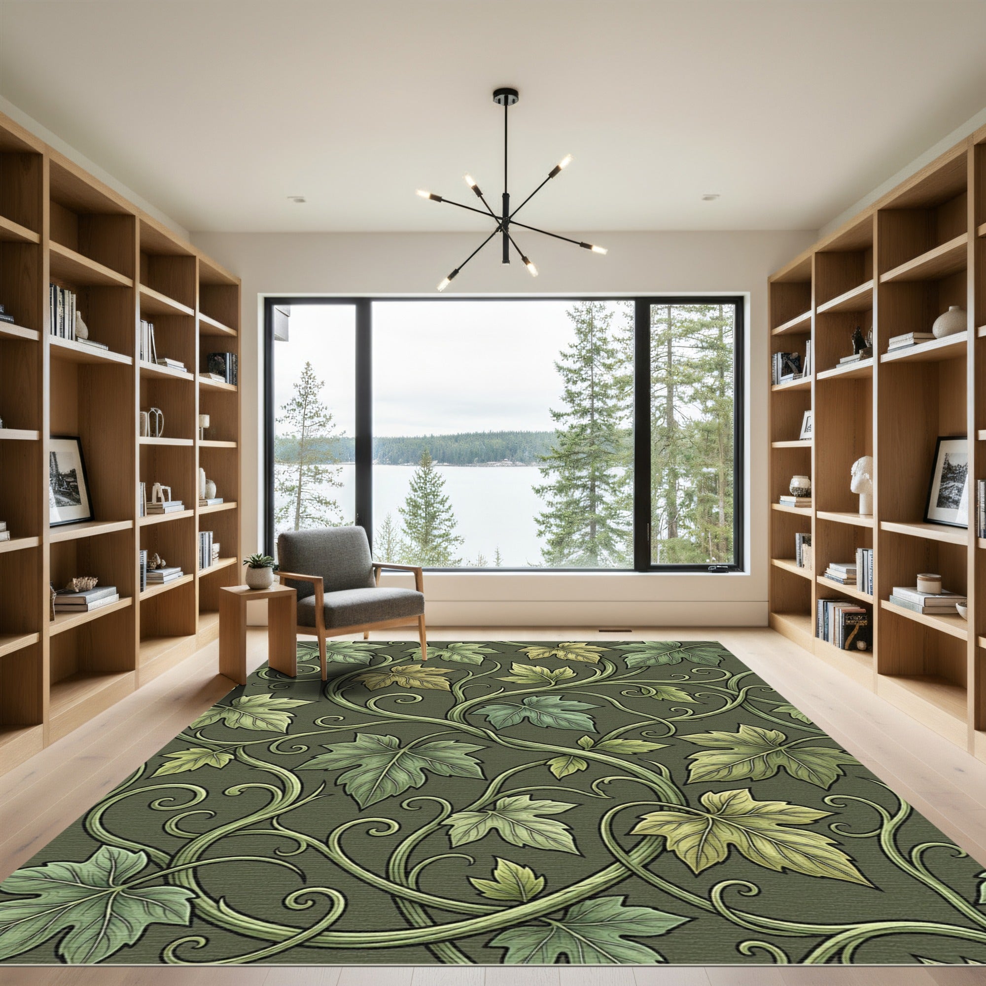 Earthy Olive Green Botanical Vine Rug
