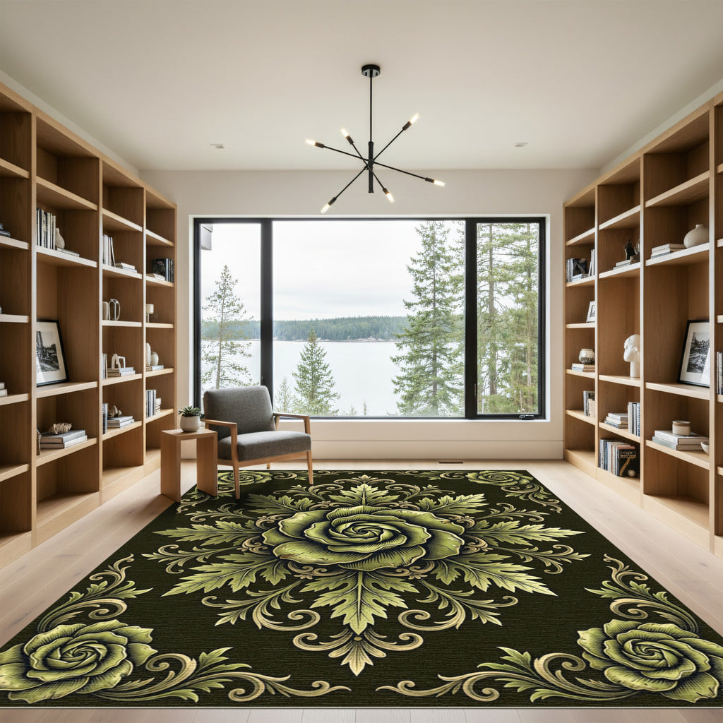 Ornate Sage Botanical Rose Medallion Rug