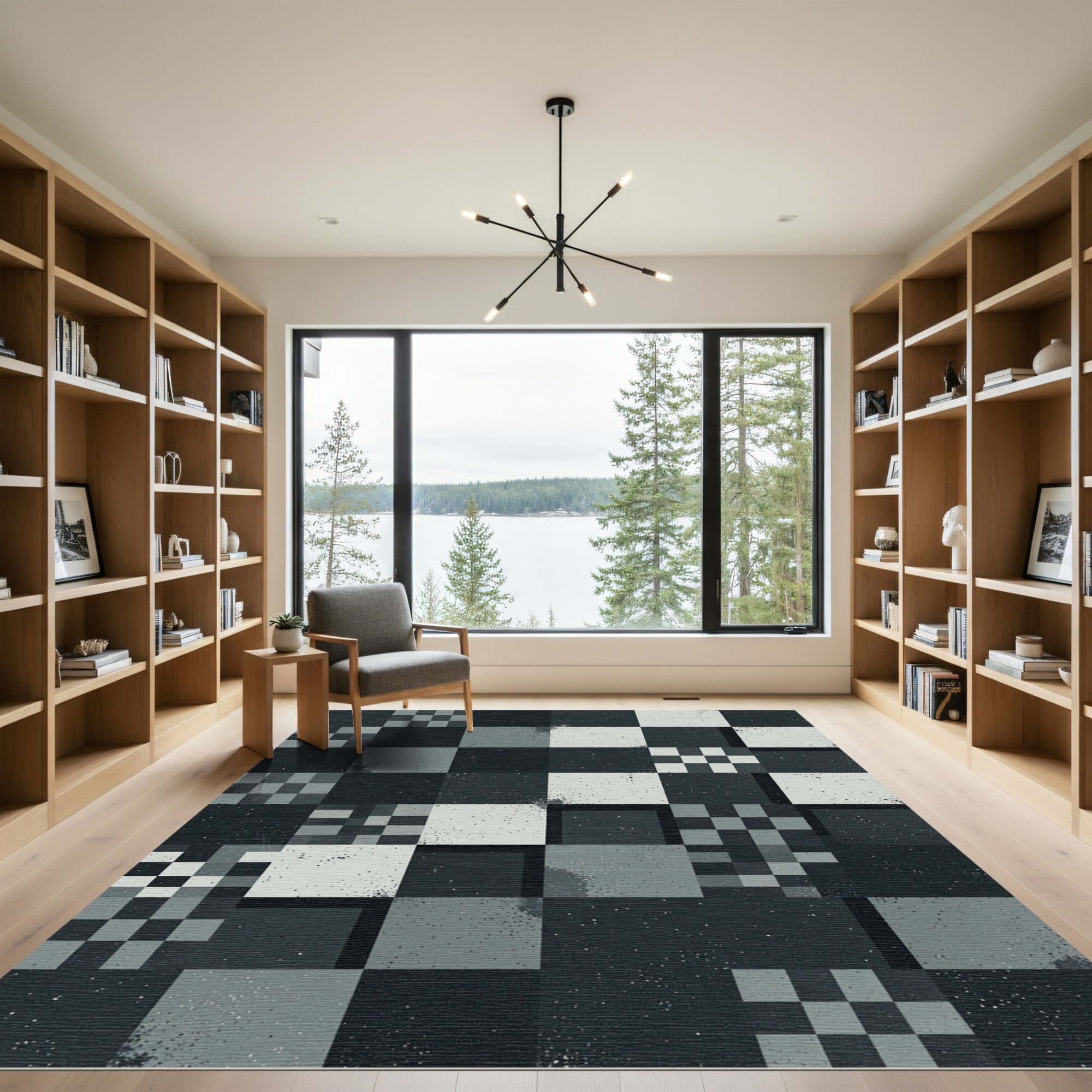 Monochromatic Abstract Geometric Pixel Checkered Rug