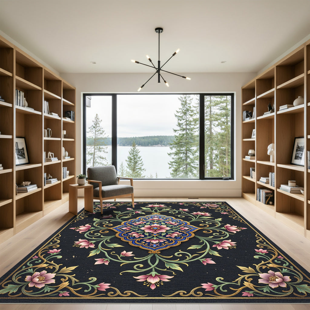 Dark Navy Floral Gold Medallion Art Rug