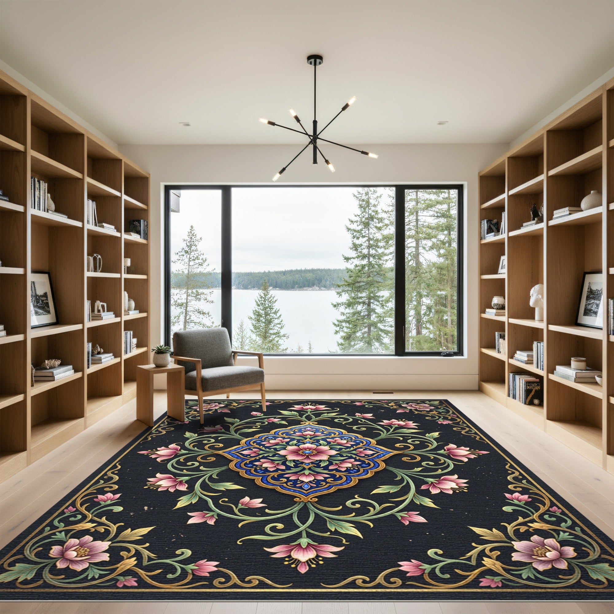 Dark Navy Floral Gold Medallion Art Rug