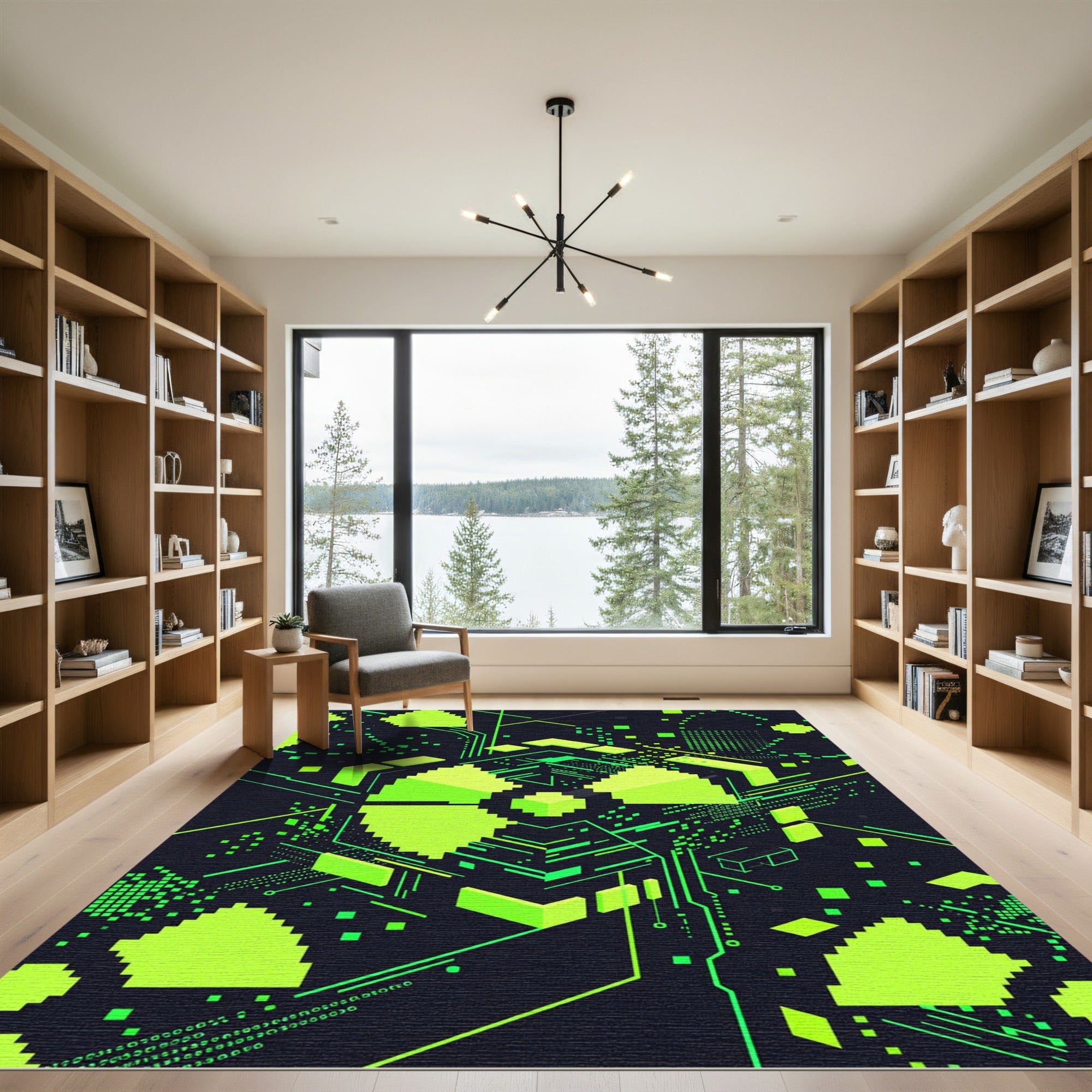 Neon Cyber Radiation Pixel Art Grid Rug