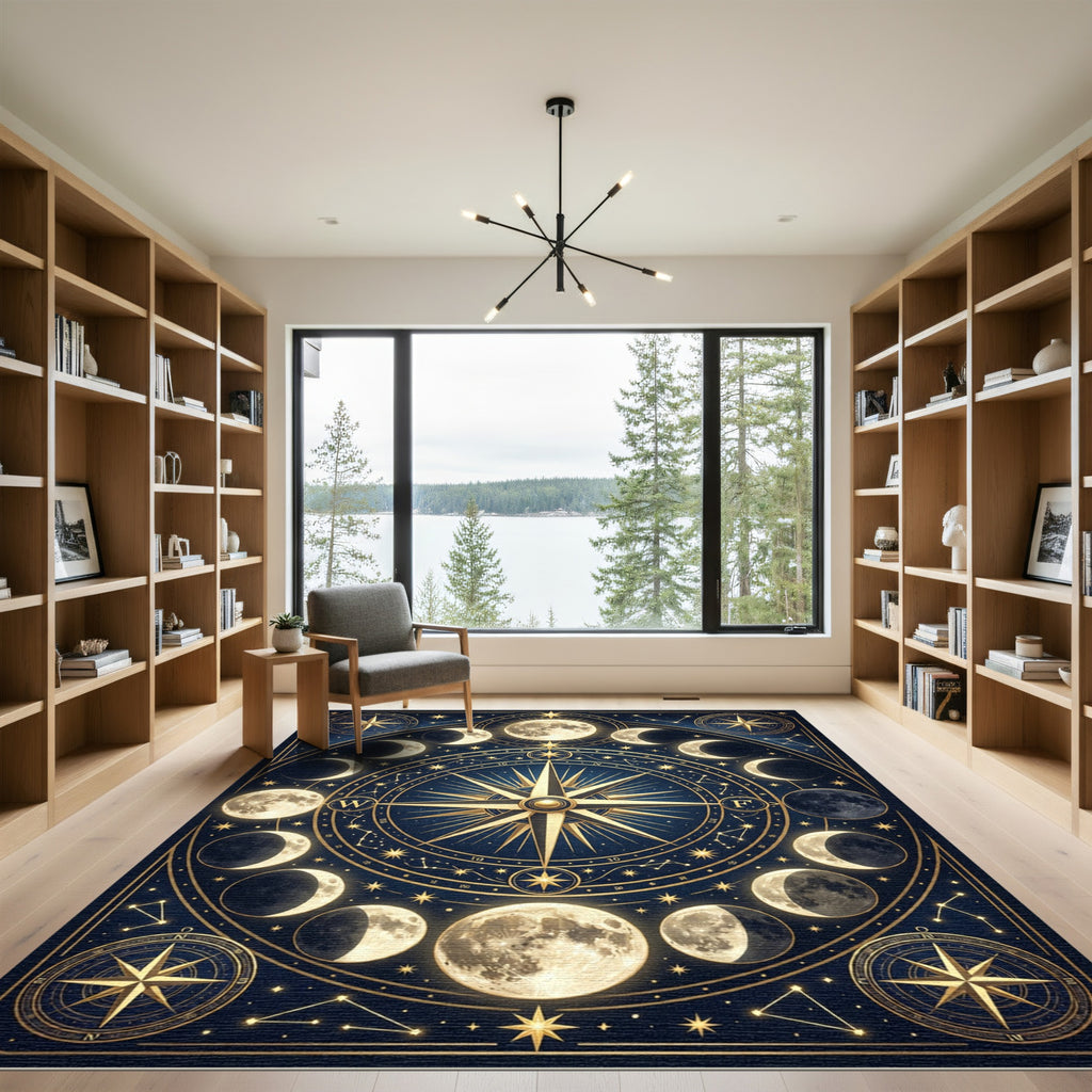 Celestial Gold Lunar Phases Navy Compass Rug