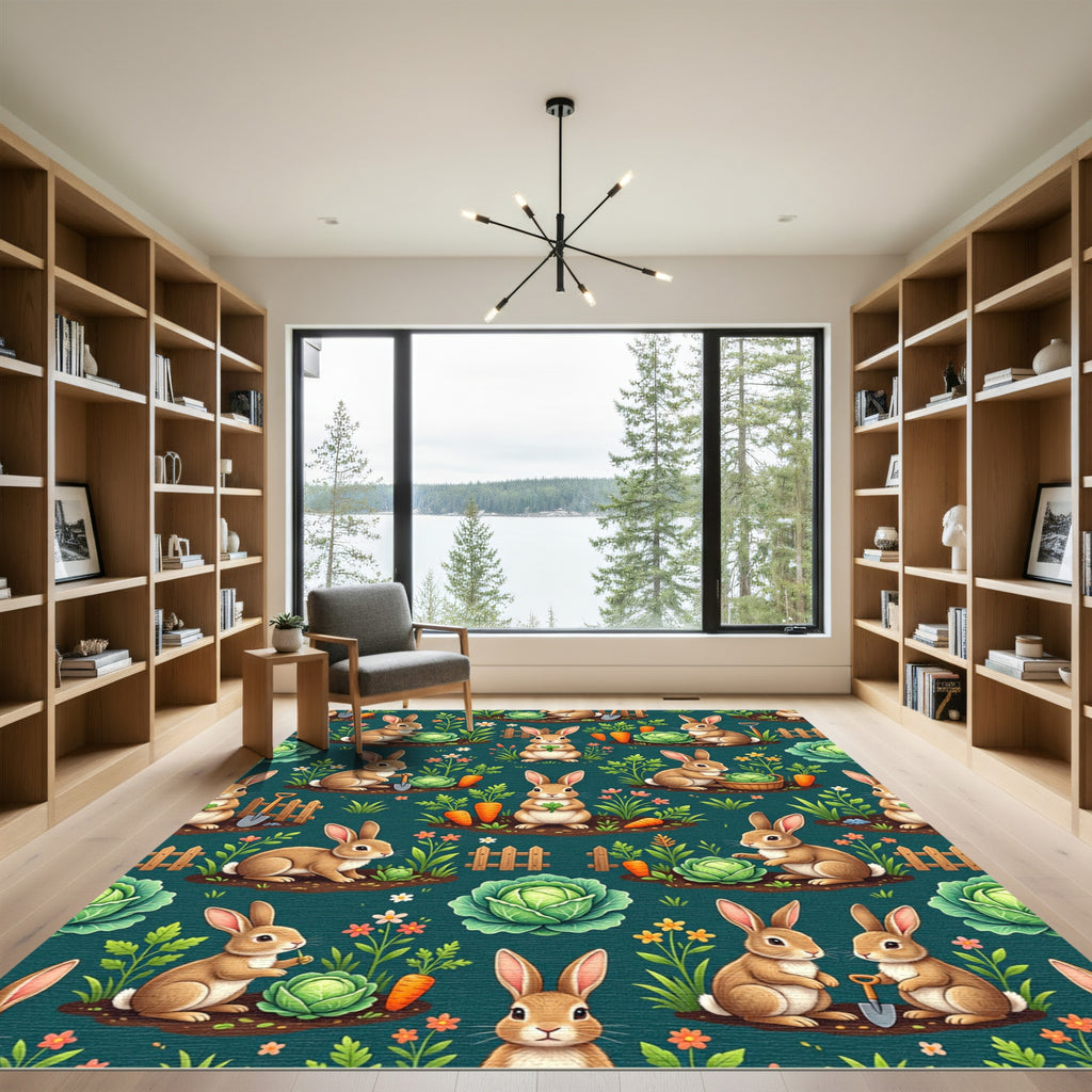 Whimsical Teal Bunny Vegetable Garden Rug