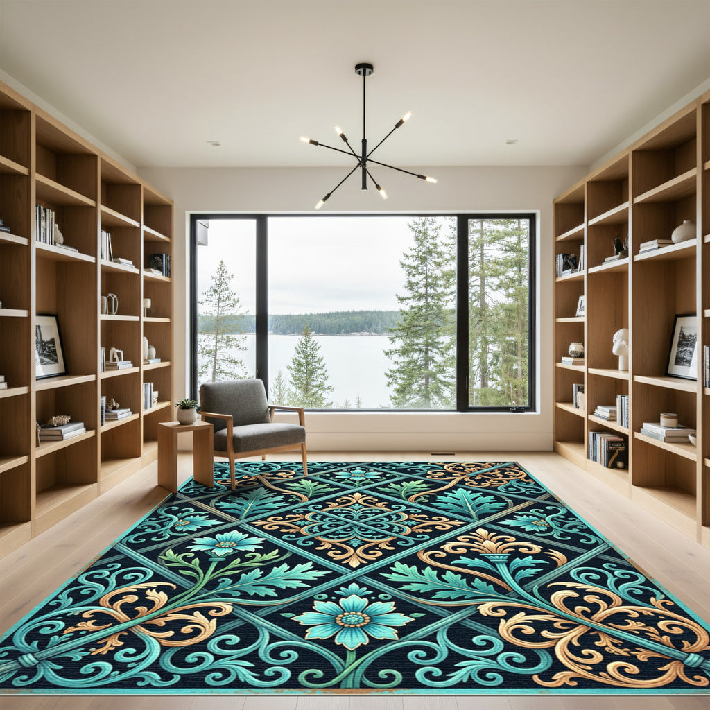 Elegant Teal and Gold Floral Lattice Rug