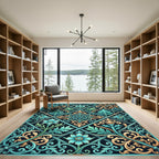 Elegant Teal and Gold Floral Lattice Rug