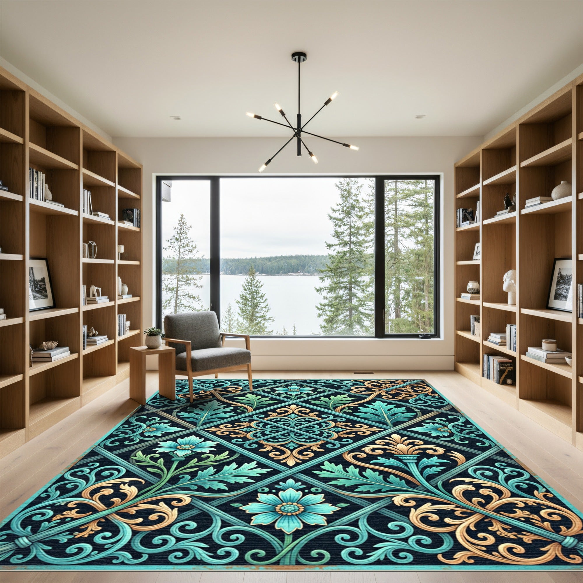 Elegant Teal and Gold Floral Lattice Rug