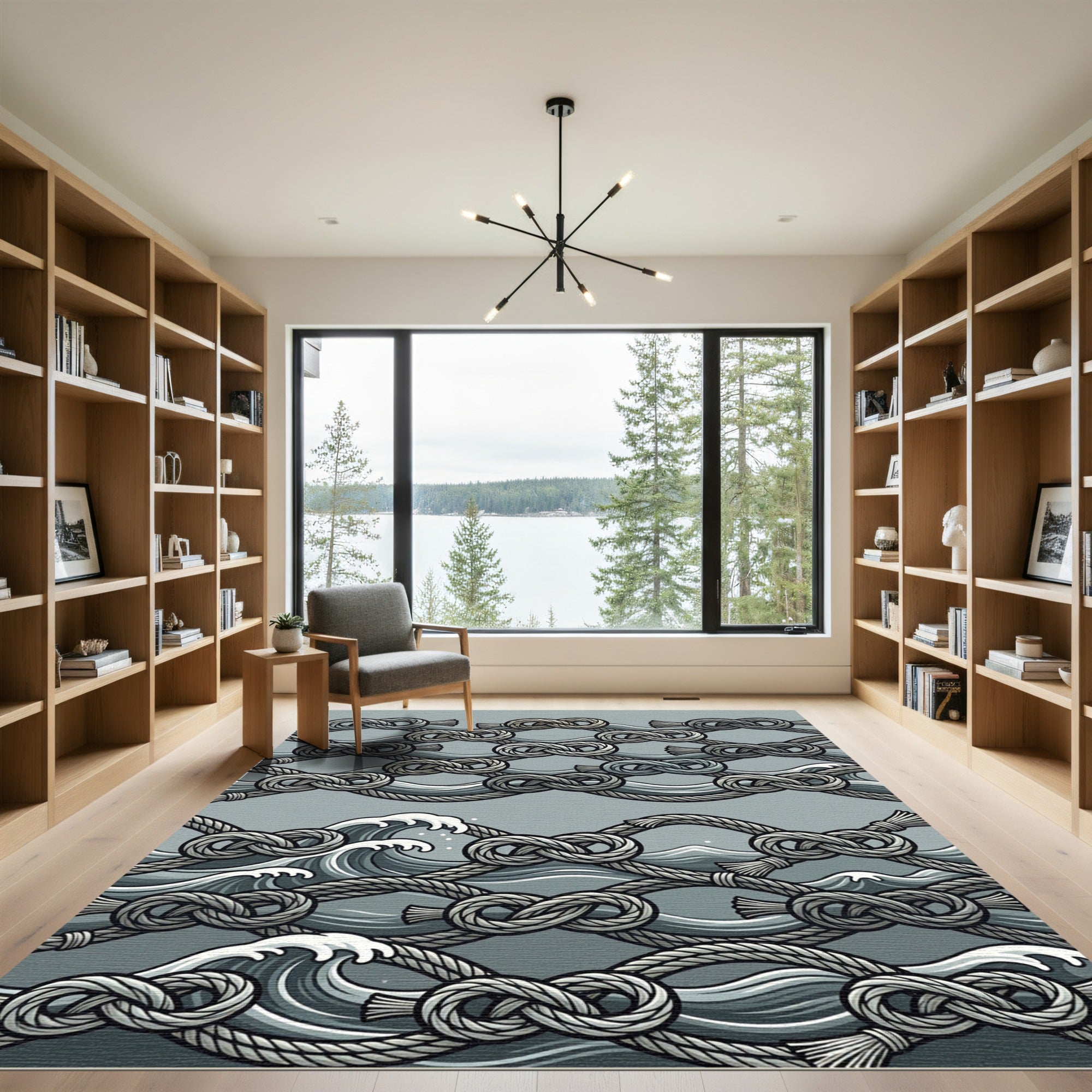Gray Nautical Knot Wave Rug