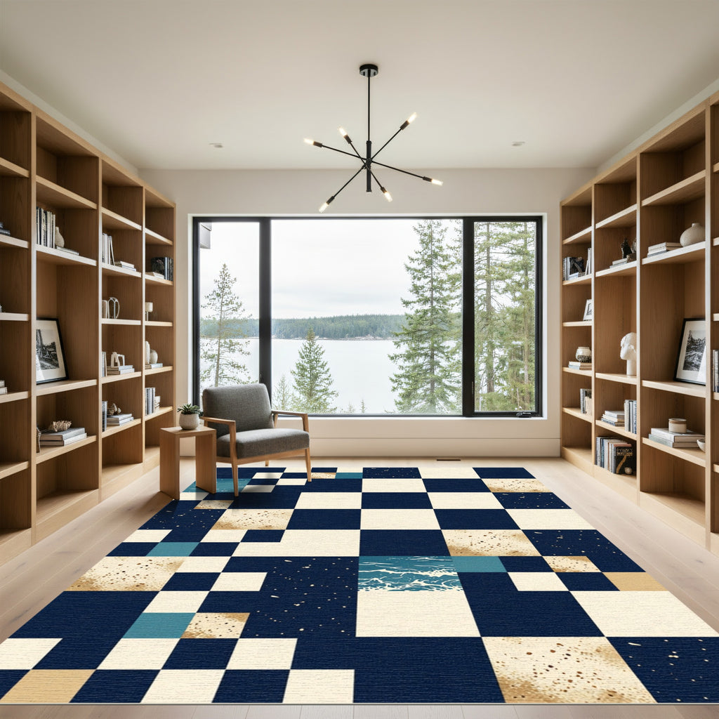 Geometric Navy Blue Cosmic Ocean Square Rug