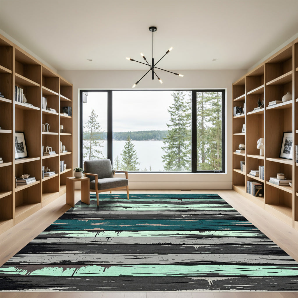 Distressed Teal Gray Wood Grain Rug