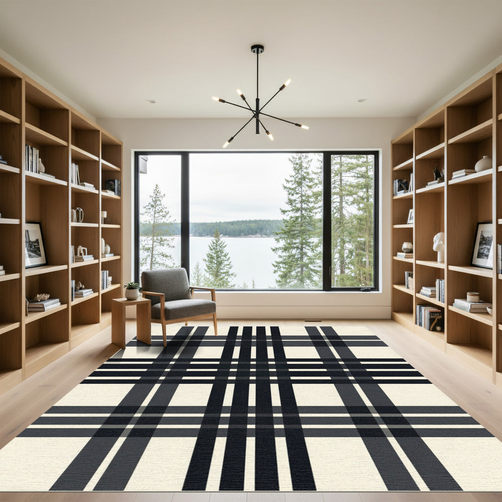Monochrome Plaid Black Cream Grid Rug