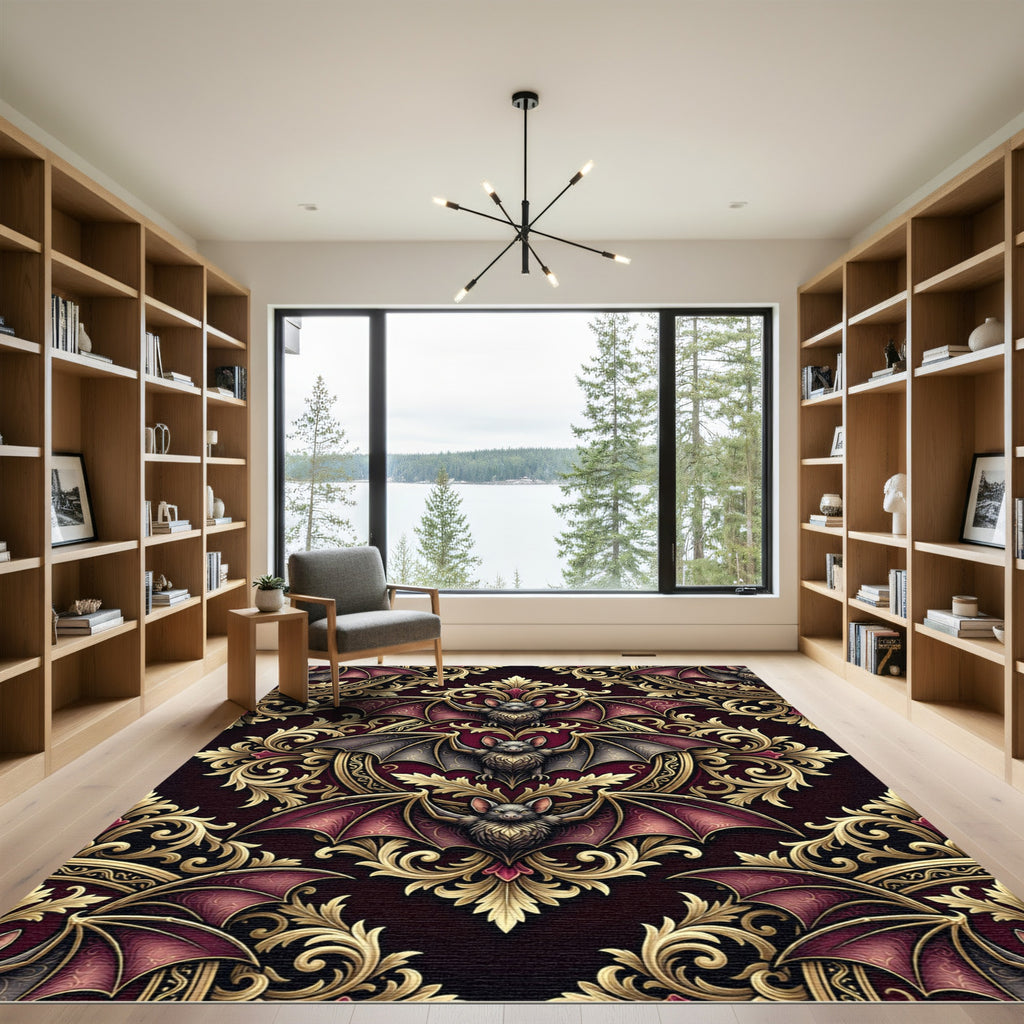 Gothic Bat Filigree Damask Burgundy Gold Rug