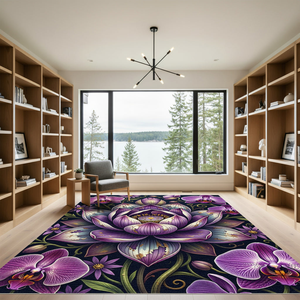 Orchid and Lotus Botanical Purple Art Rug