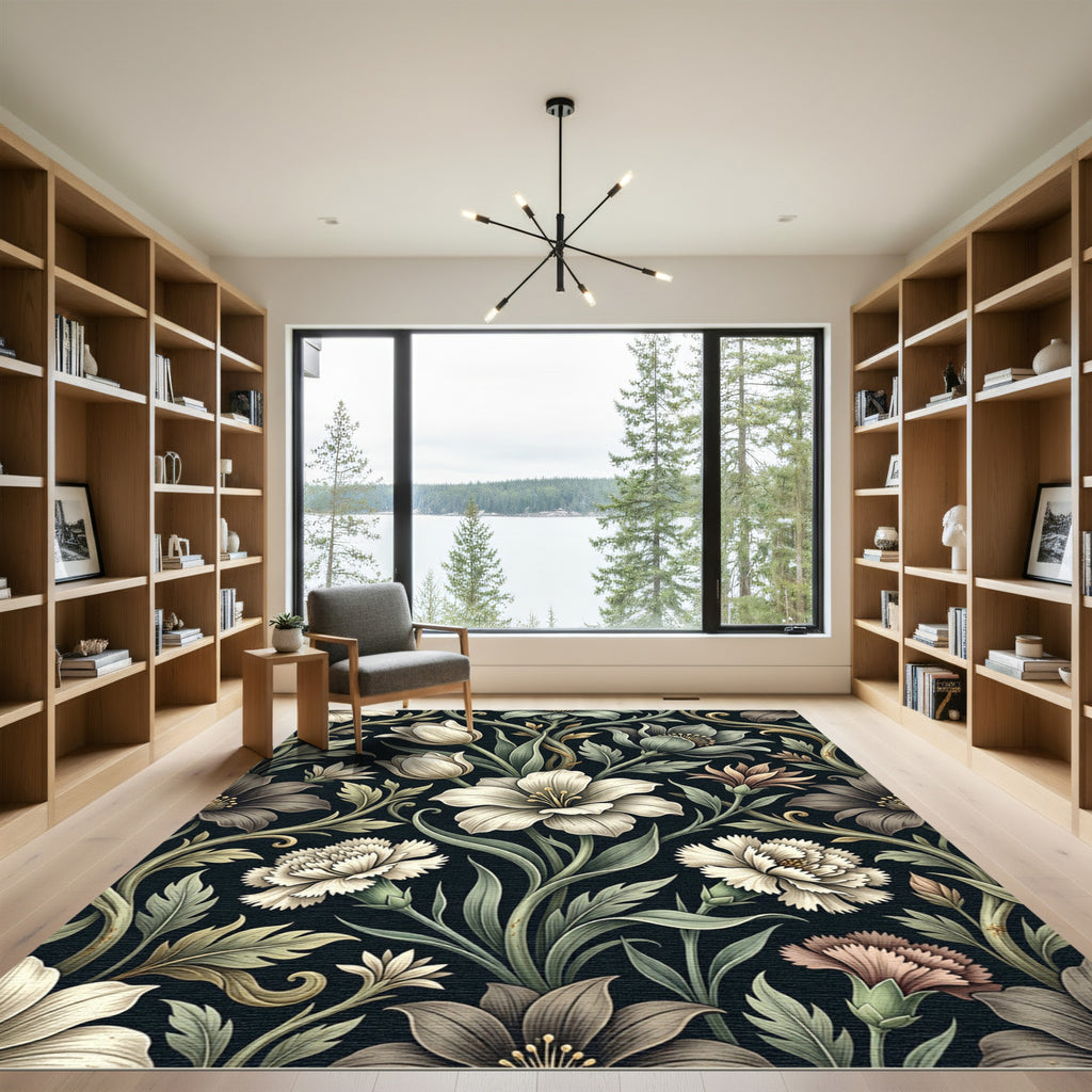 Vintage Dark Floral Botanical Cream Bloom Rug
