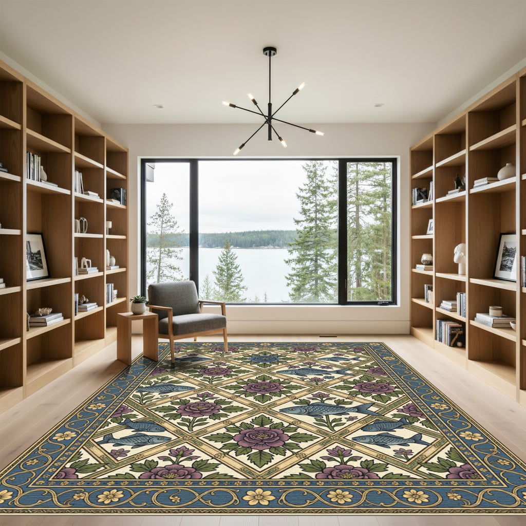 Vintage Blue Floral Fish Diamond Lattice Rug