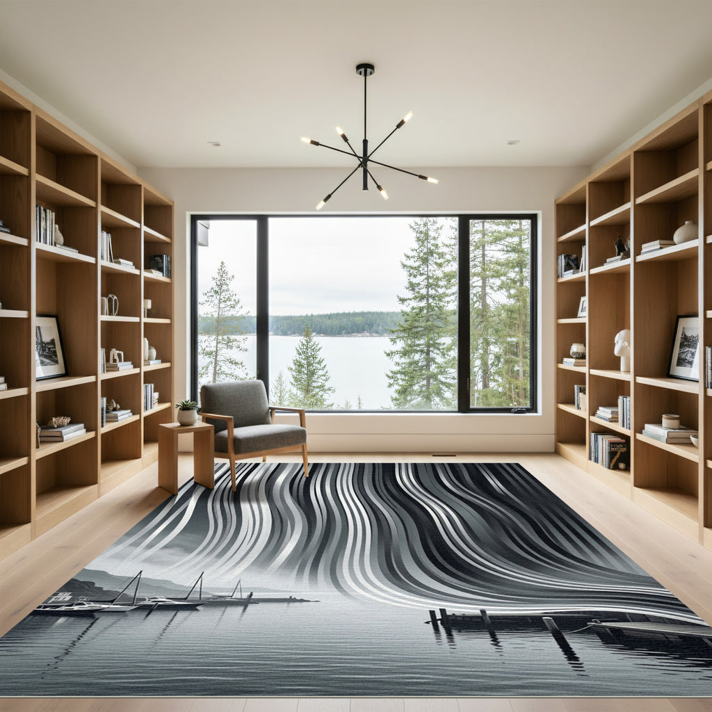 Monochrome Abstract Vertical Flow Waves Rug
