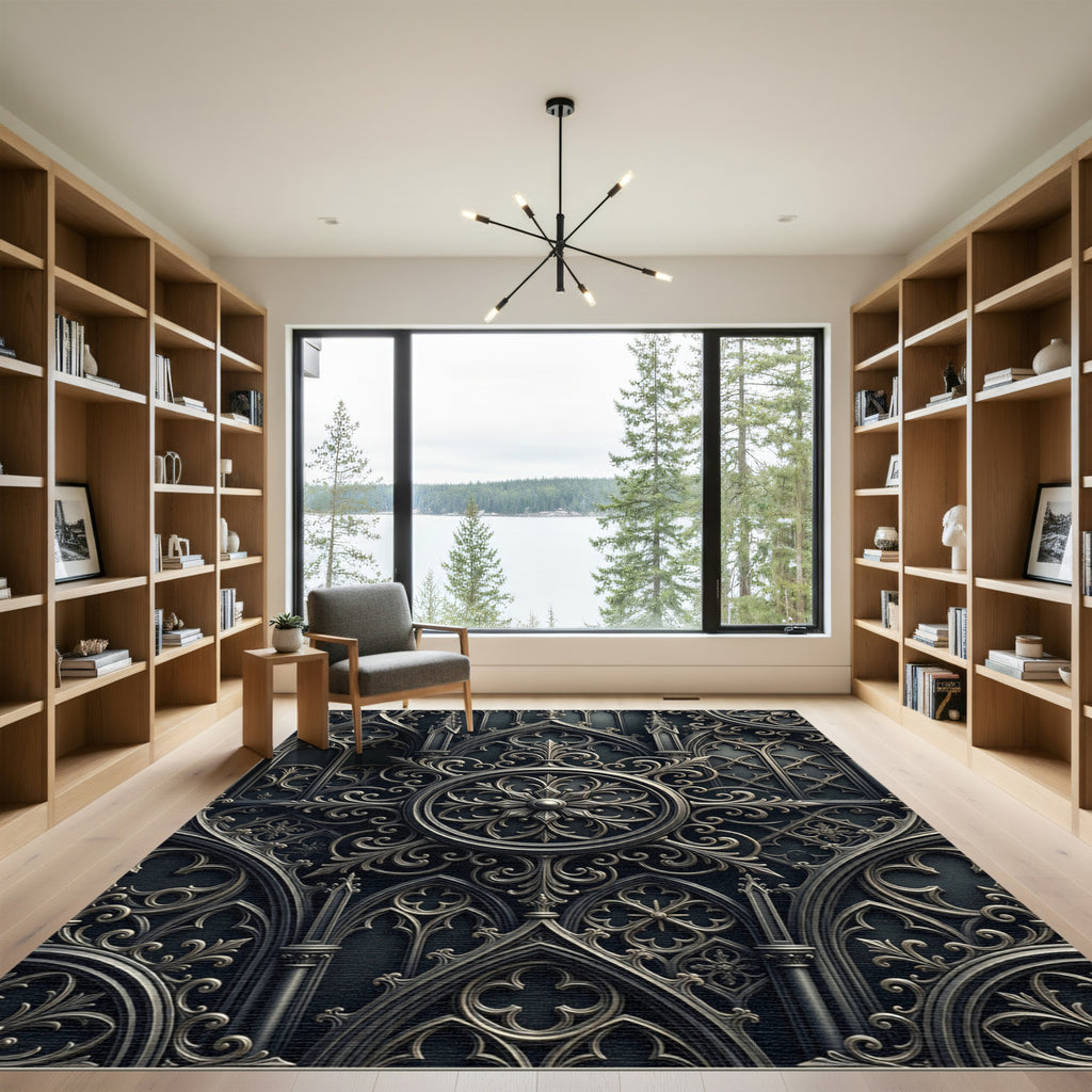 Gothic Charcoal Metallic Ornate Medallion Rug