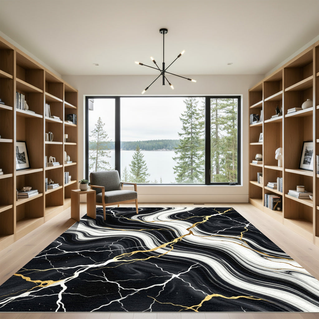 Black and White Marble Gold Vein Rug
