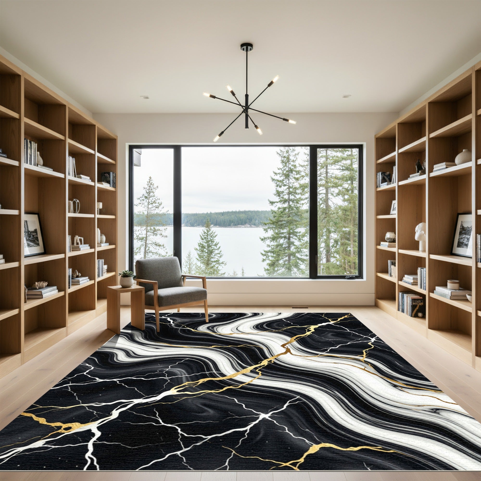Black and White Marble Gold Vein Rug