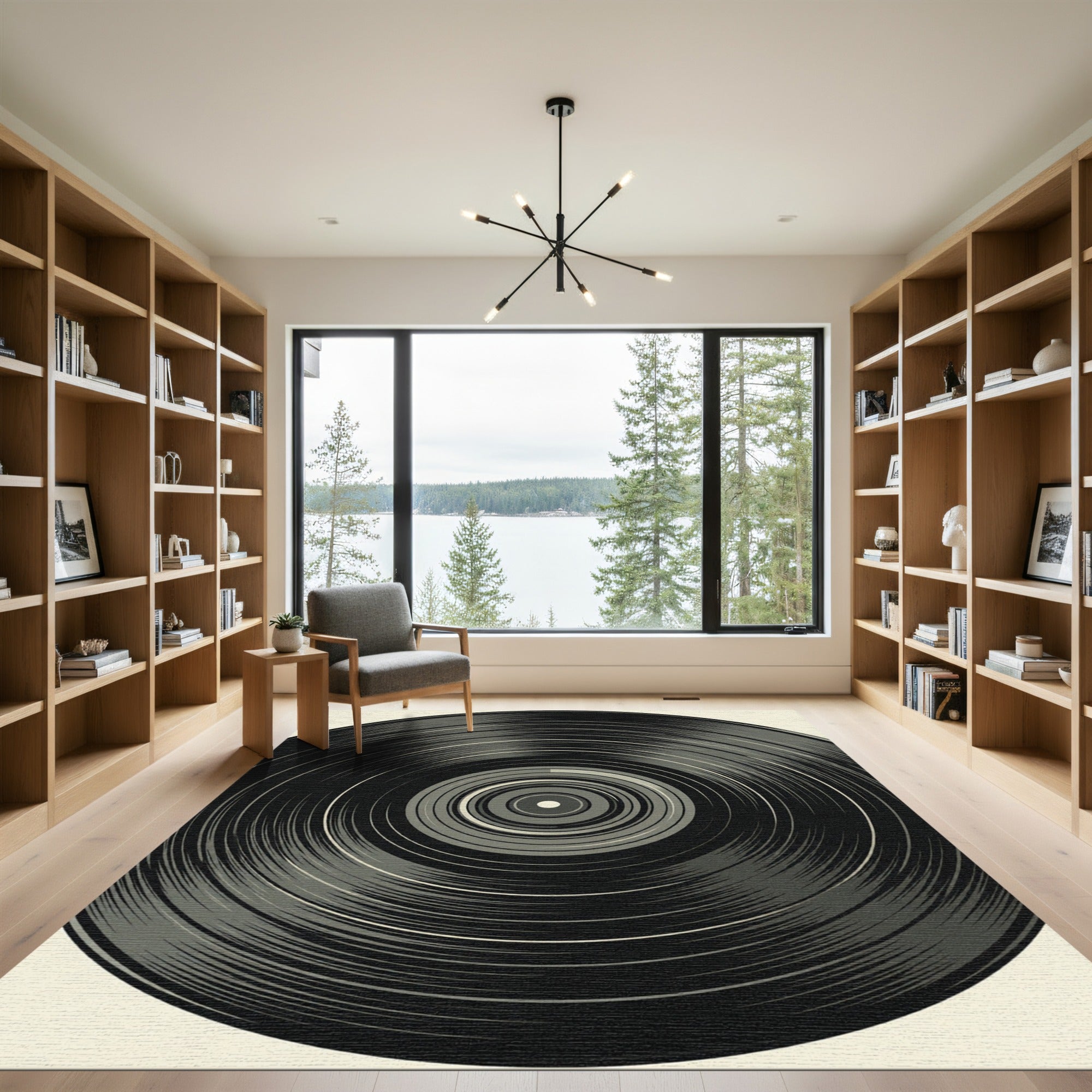 Minimalist Monochrome Concentric Vinyl Circular Abstract Rug