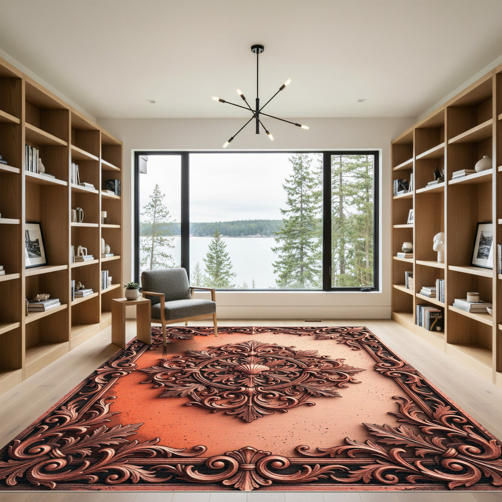 Ornate Copper Shell Scrollwork Frame Rug