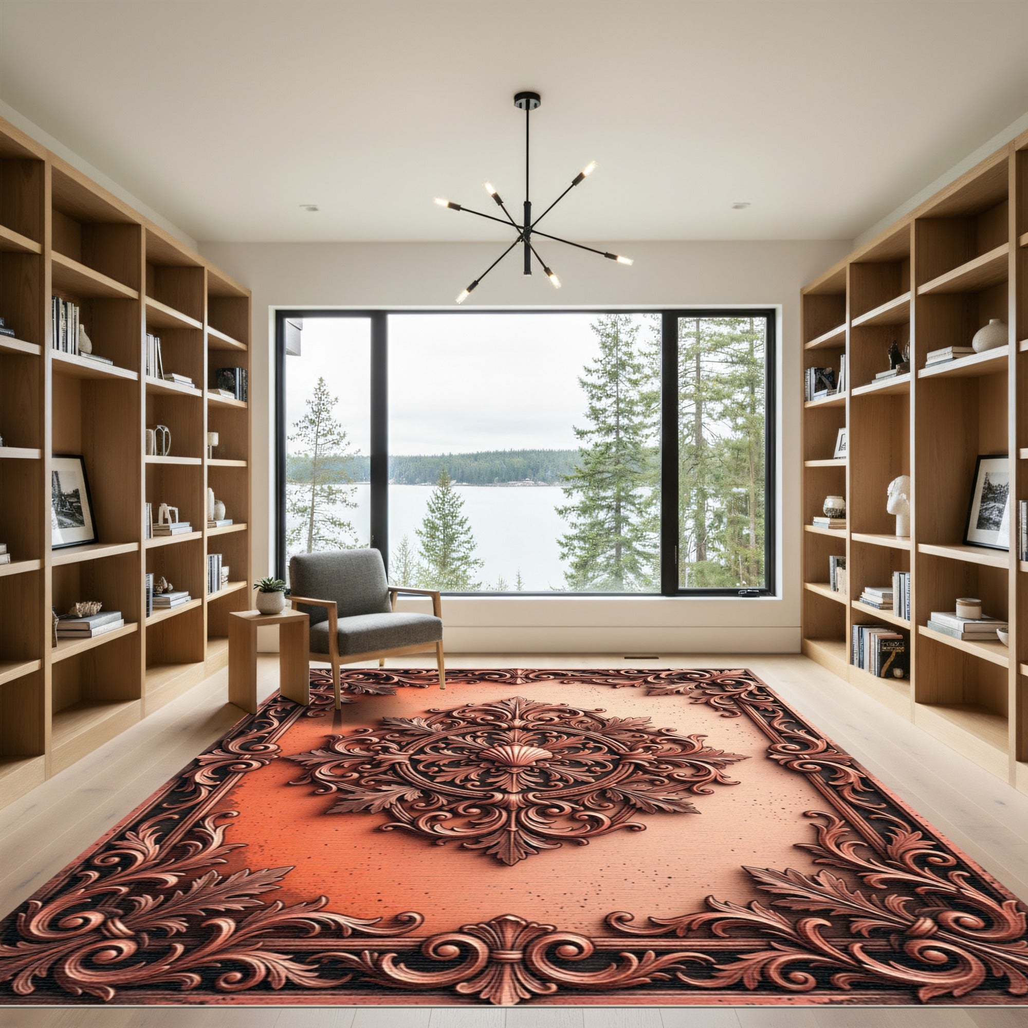 Ornate Copper Shell Scrollwork Frame Rug