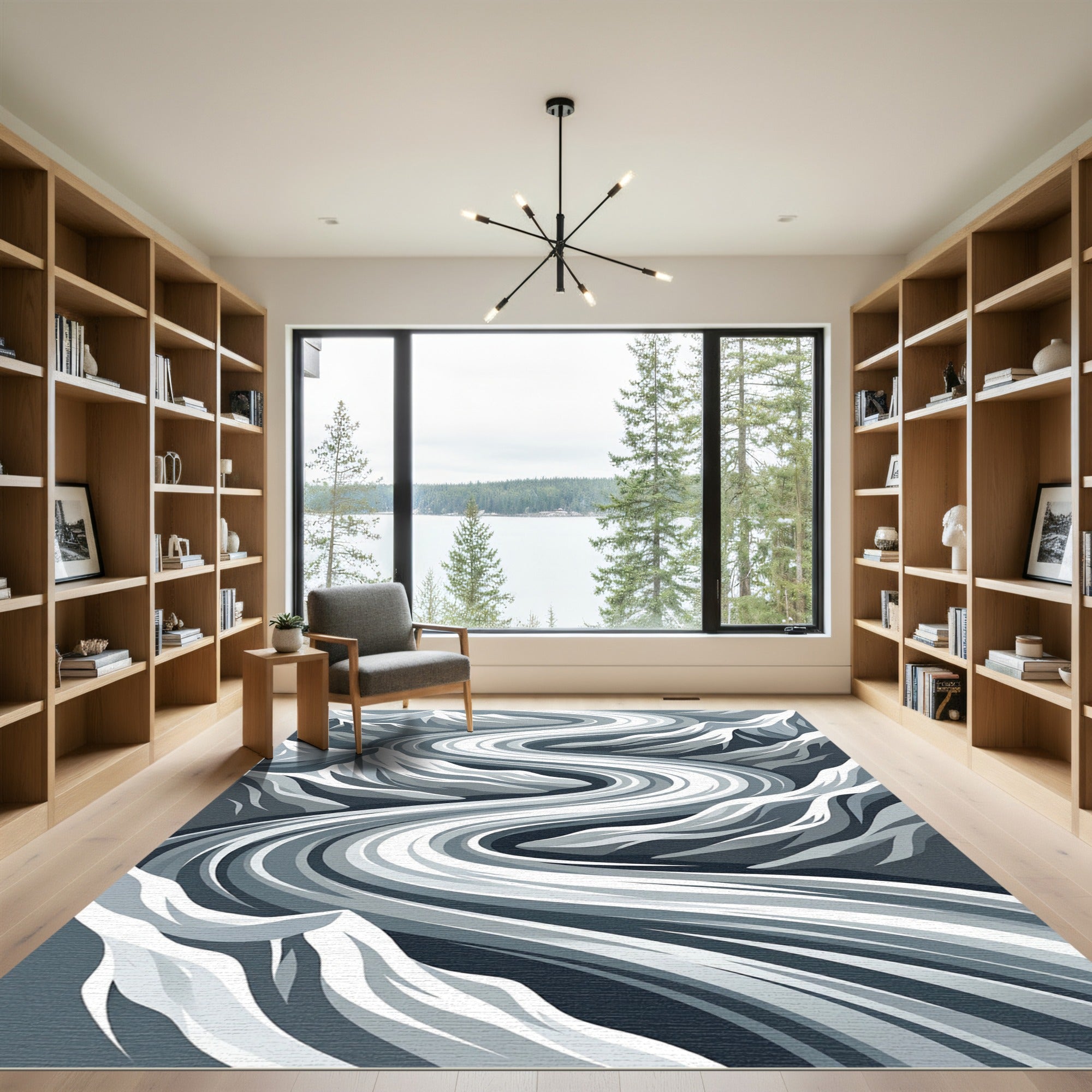 Modern Monochrome Glacial Winding River Rug