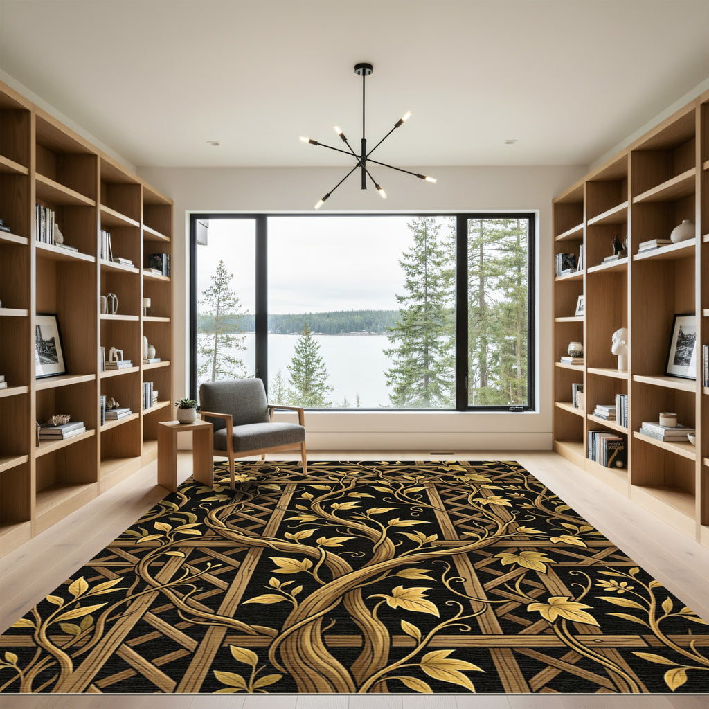 Golden Vine Trellis Black Background Rug