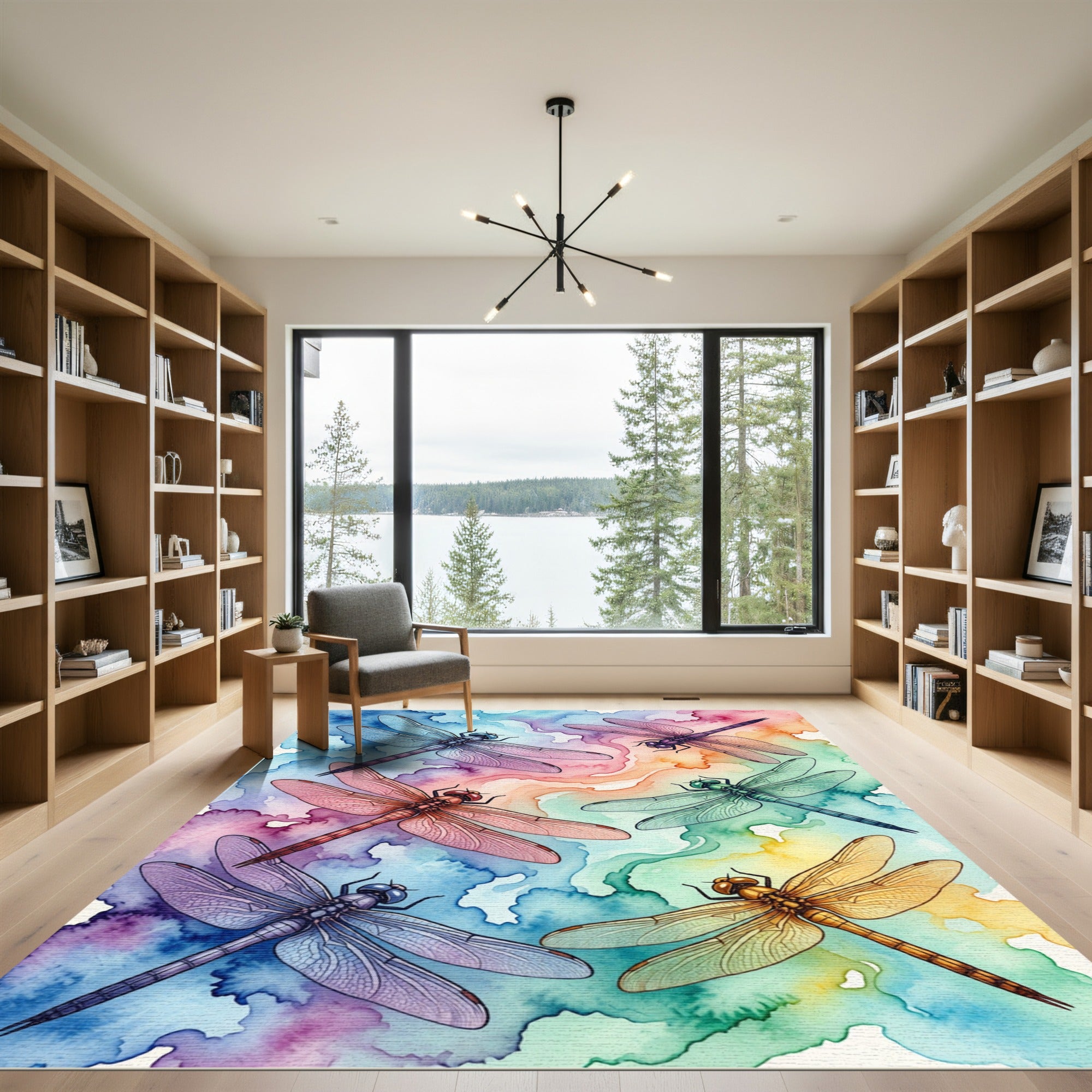 Vibrant Watercolor Dragonfly Rainbow Art Rug