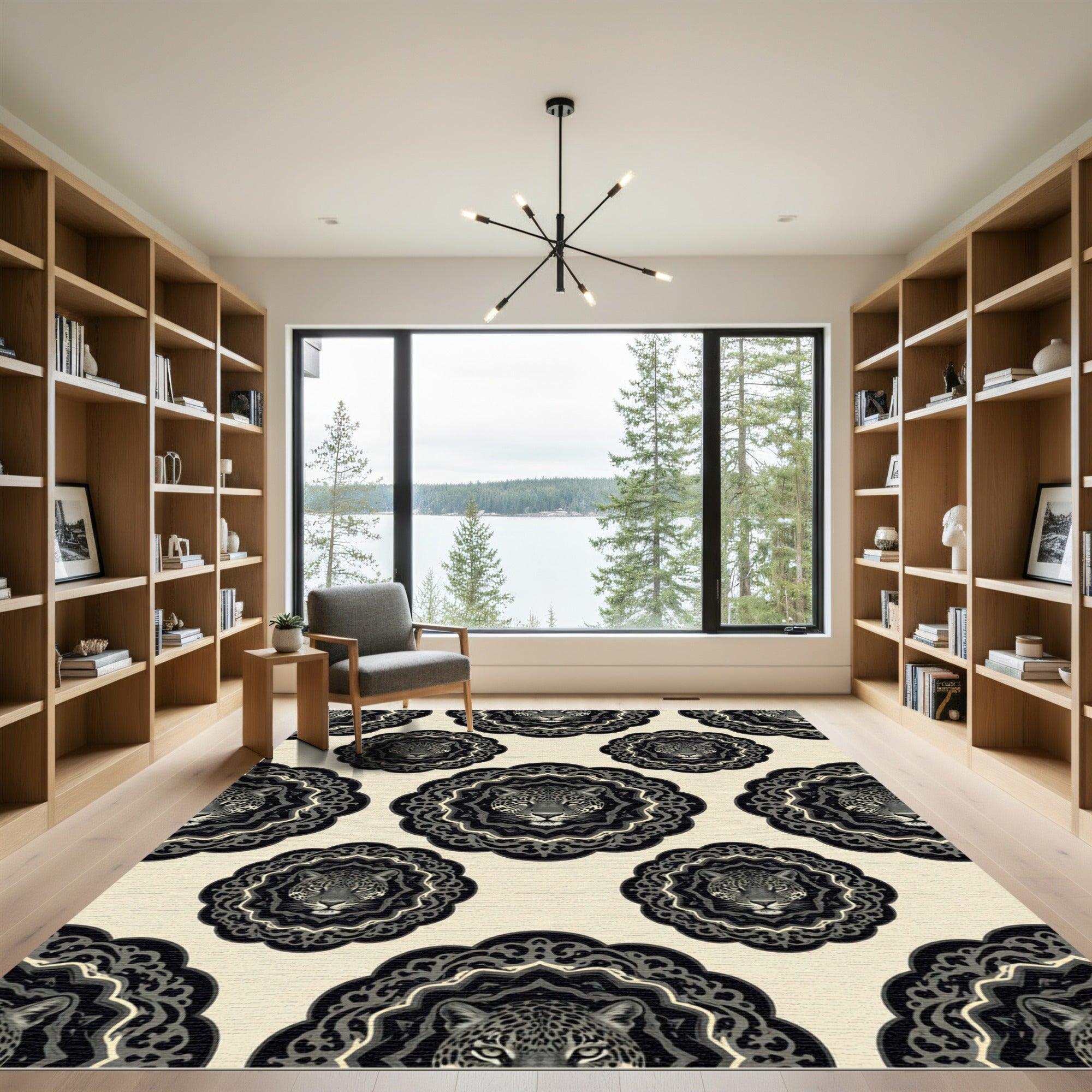 Elegant Black Leopard Medallion Monochromatic Rug