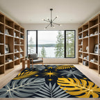 Golden Celestial Tropical Leaf Art Rug