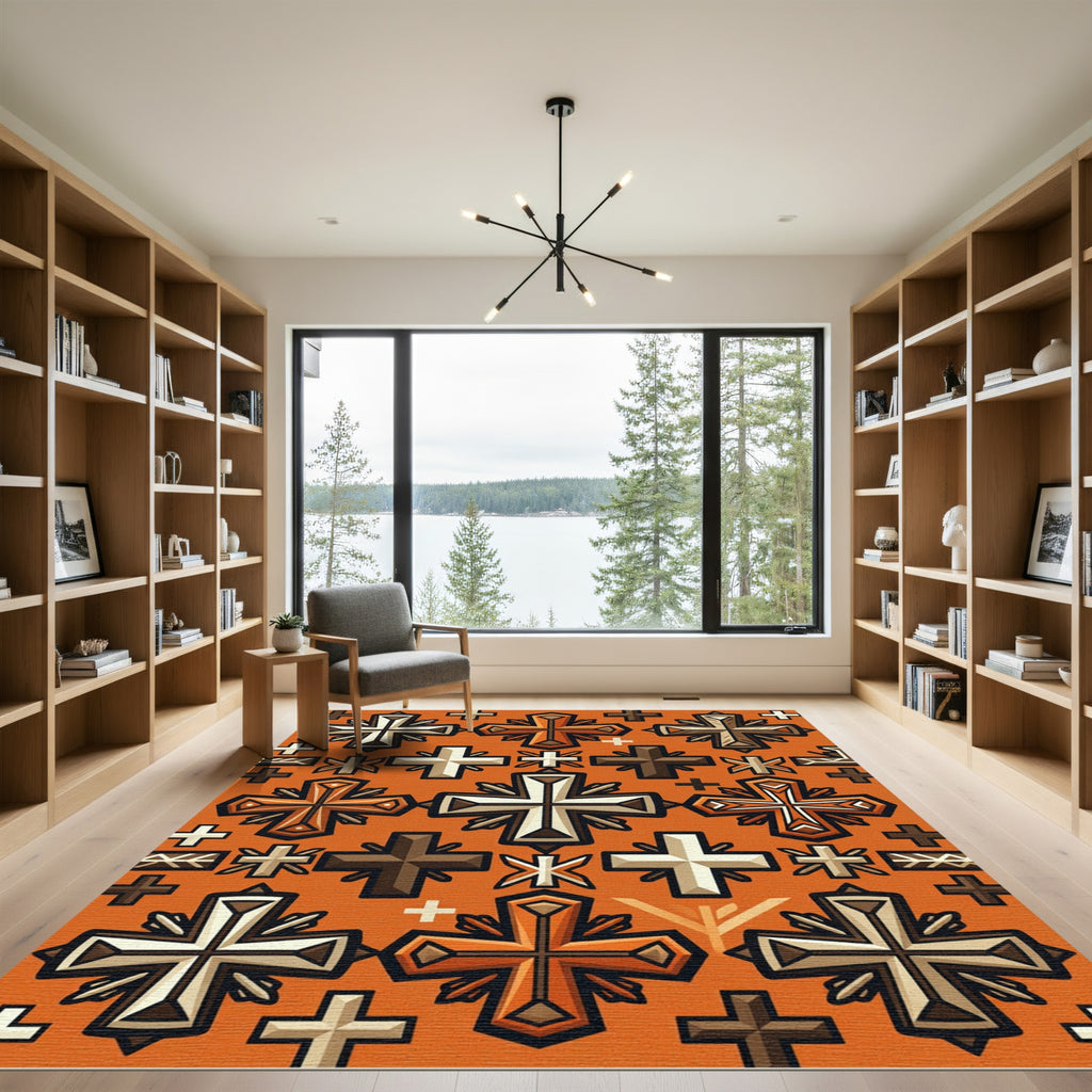 Earthy Orange Geometric Cross Rug