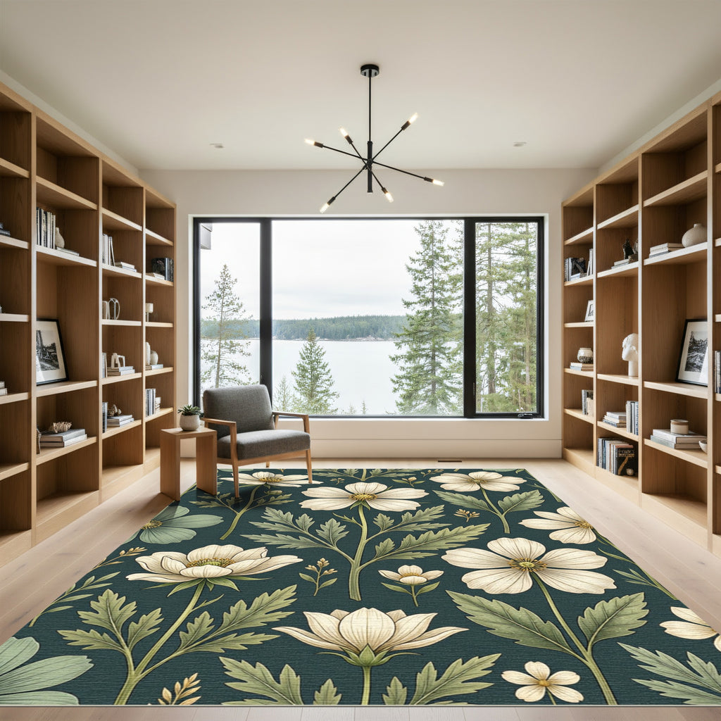 Botanical Cream Flower Dark Teal Wallpaper Rug
