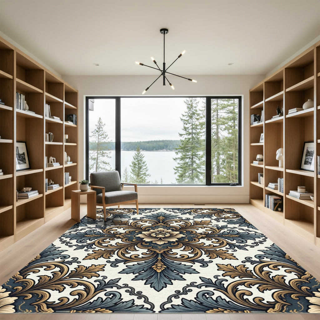 Elegant Slate and Gold Floral Damask Rug
