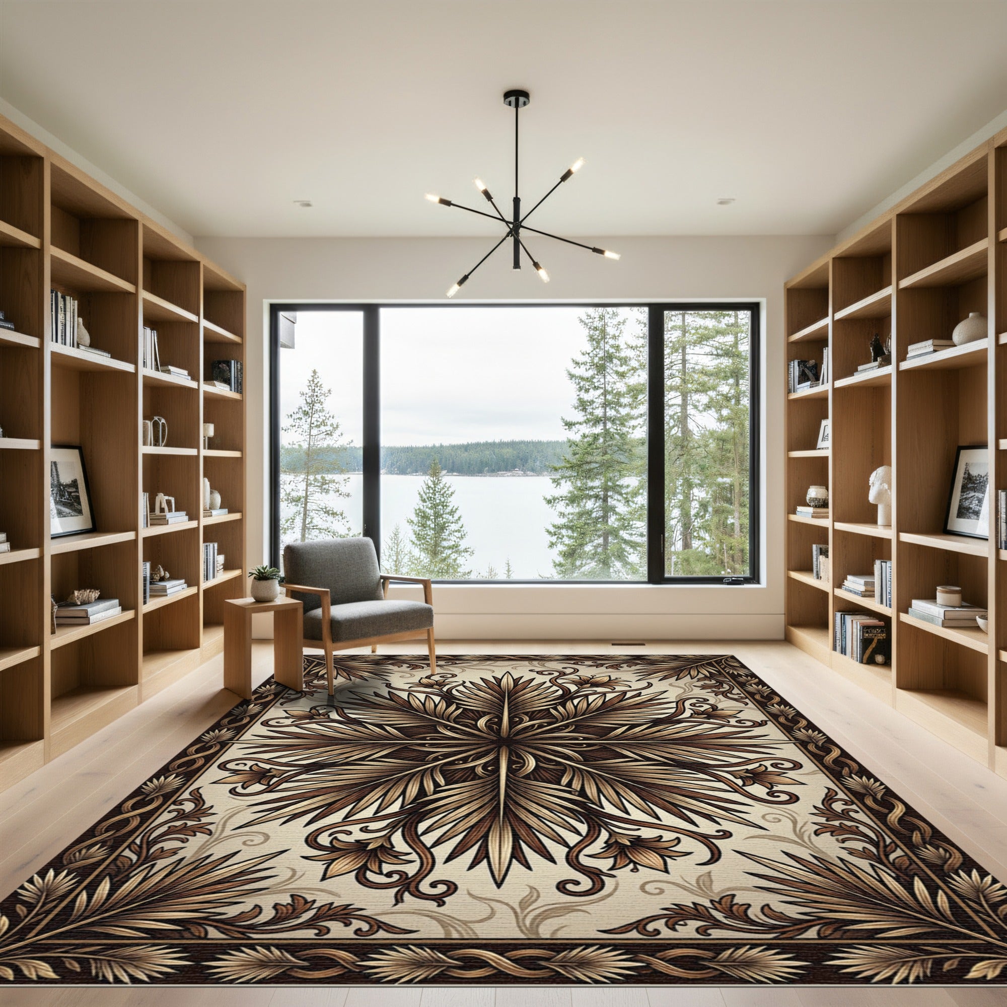 Elegant Bronze Botanical Symmetry Medallion Rug