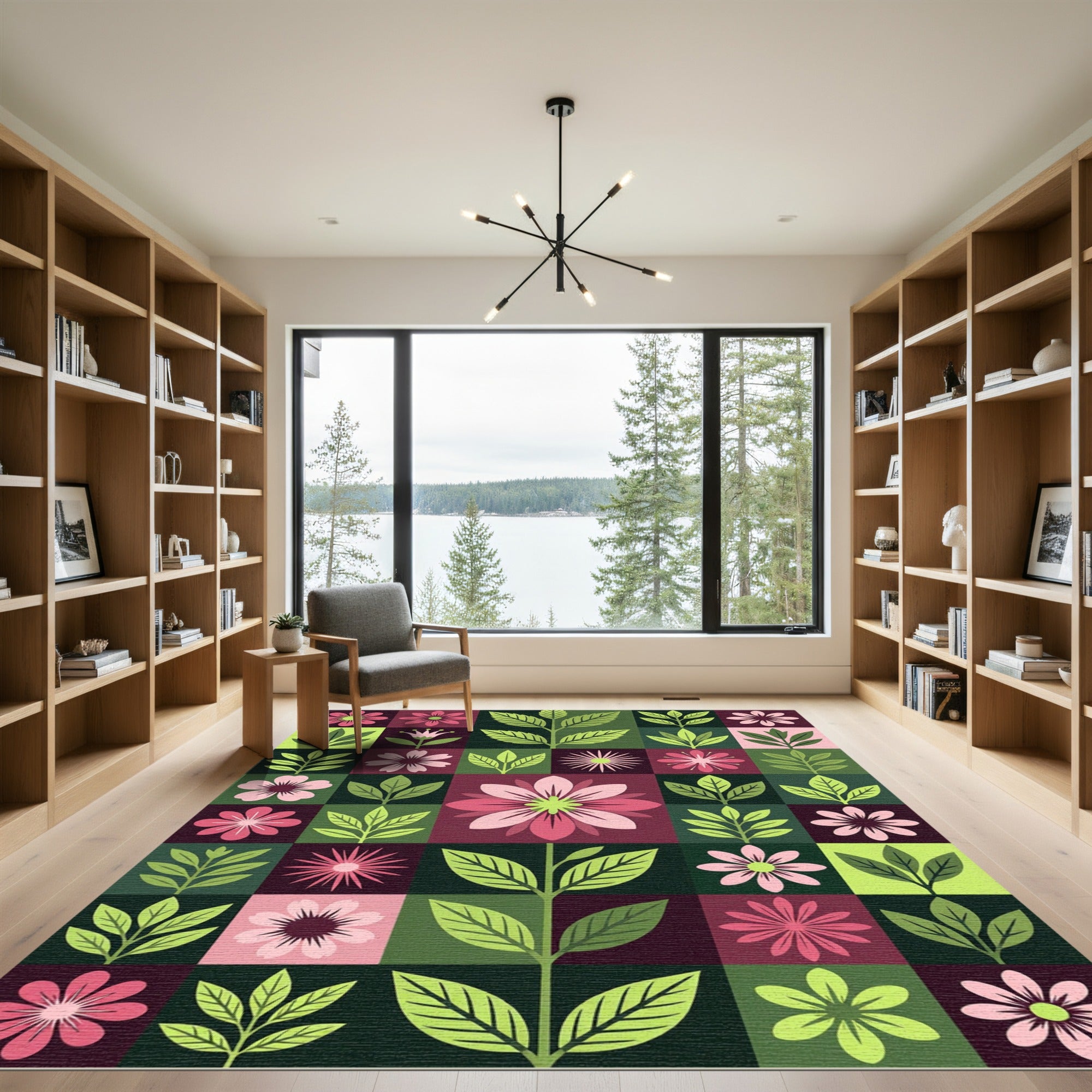 Modern Botanical Sage and Rose Grid Rug