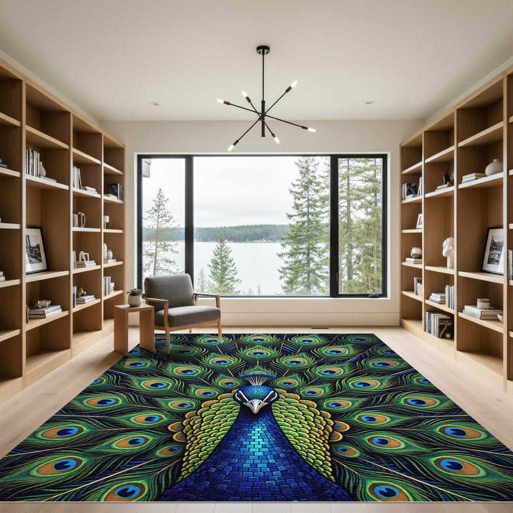 Vibrant Emerald Teal Peacock Feather Symmetry Rug