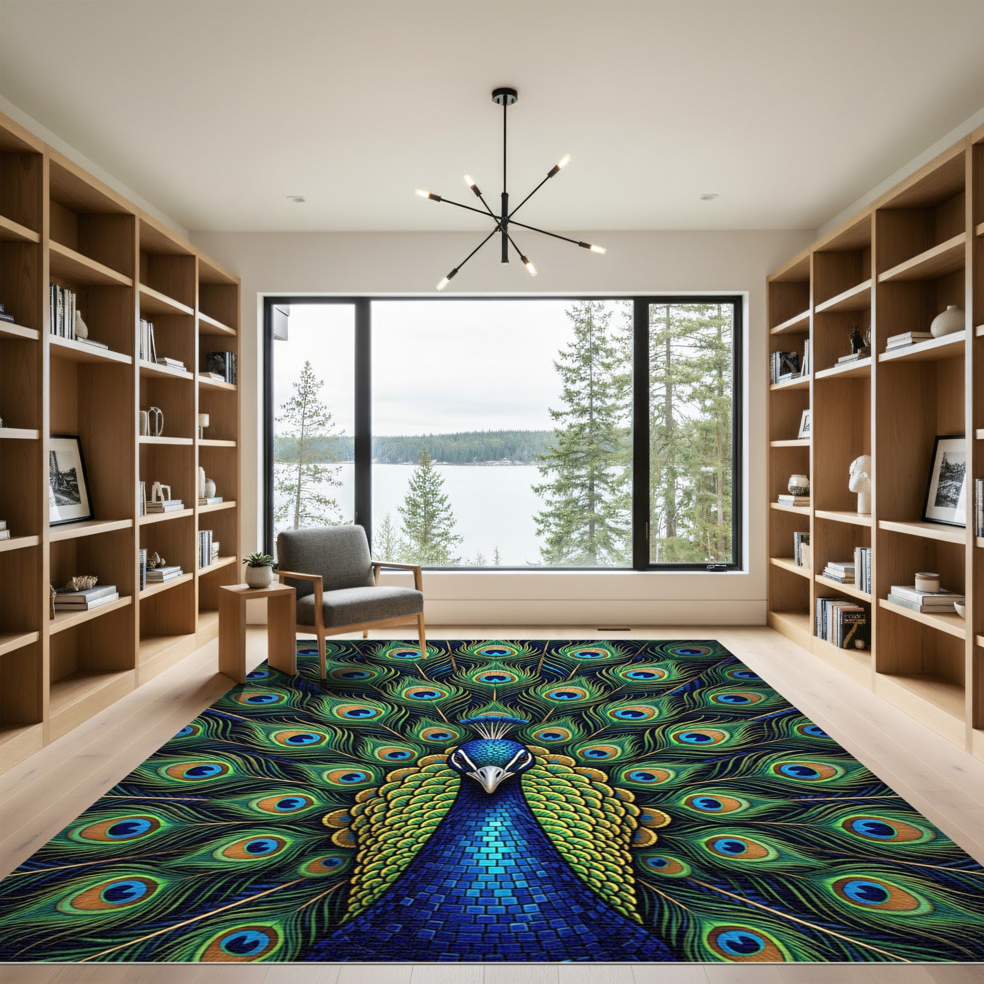 Vibrant Emerald Teal Peacock Feather Symmetry Rug