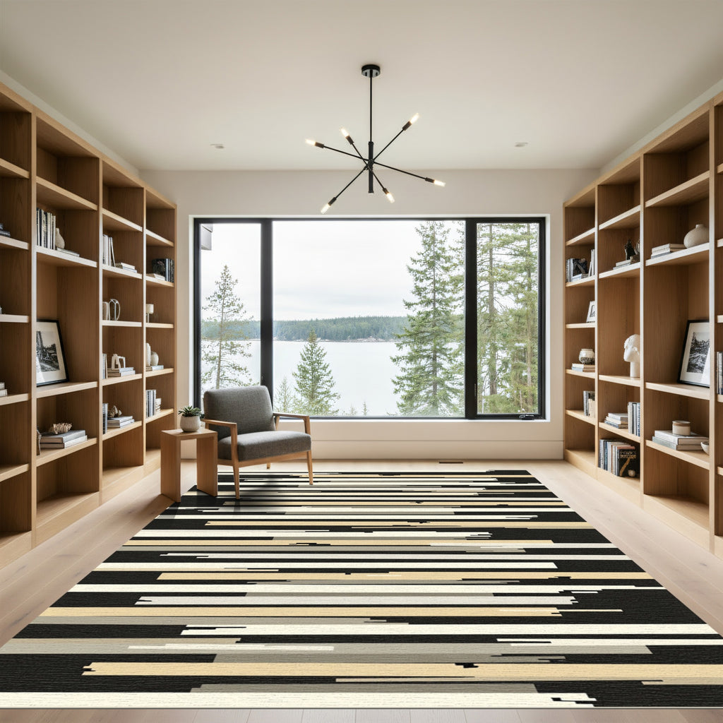 Abstract Ochre White Striped Composition Rug