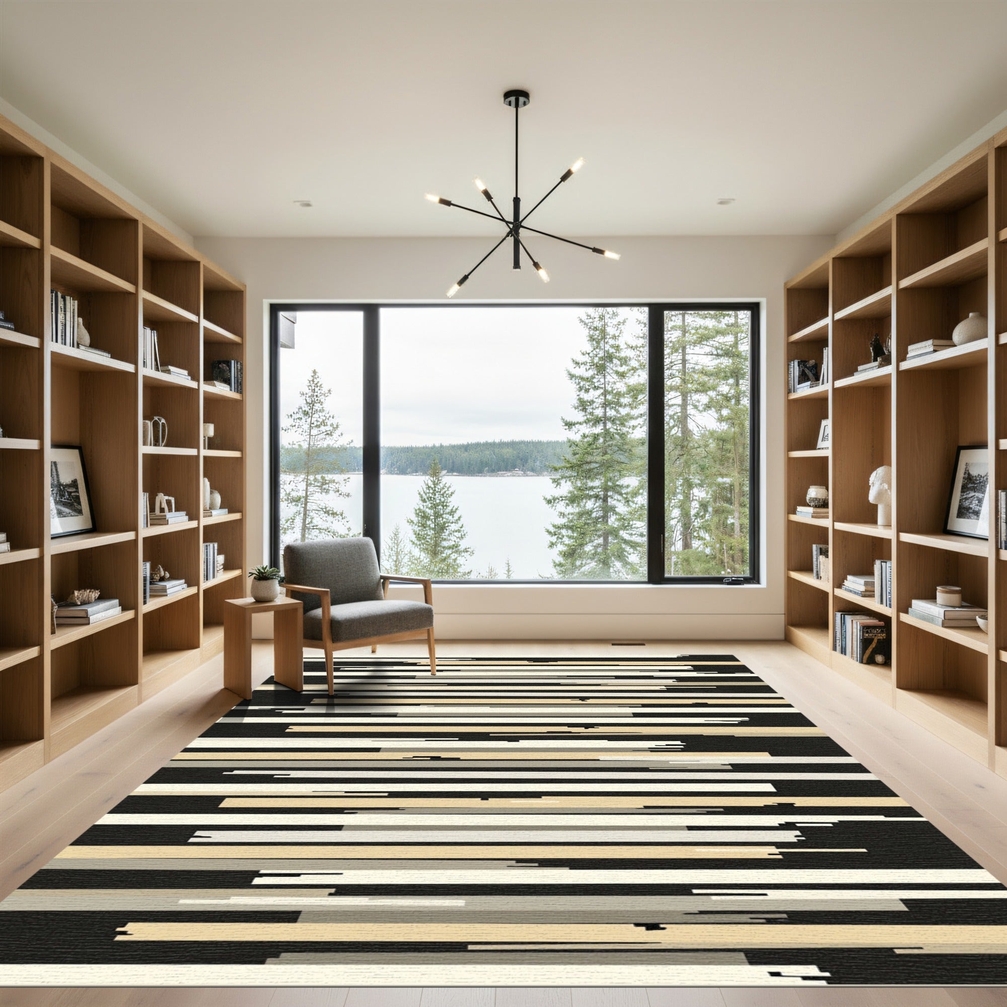 Abstract Ochre White Striped Composition Rug
