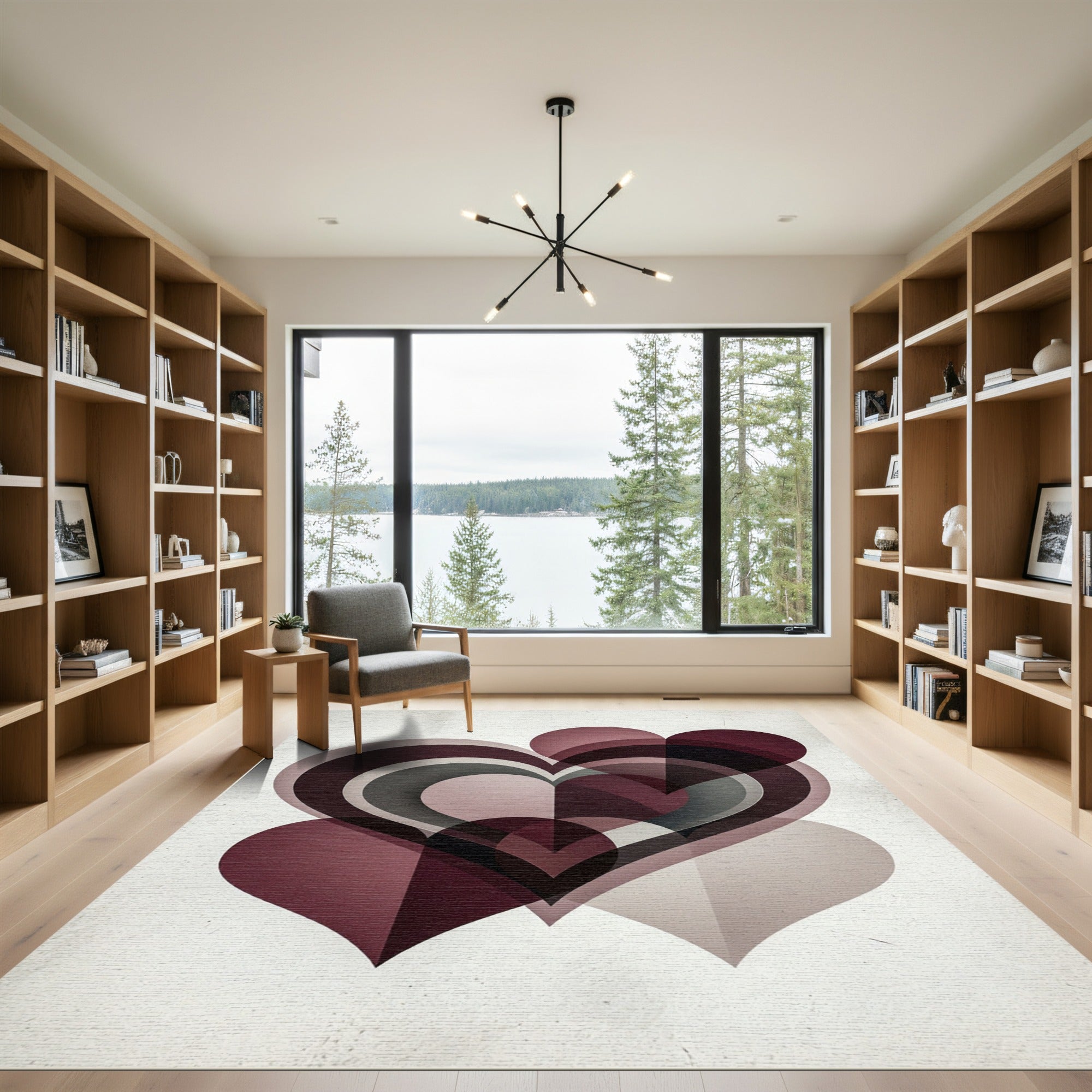 Modern Burgundy Overlapping Hearts Art Rug