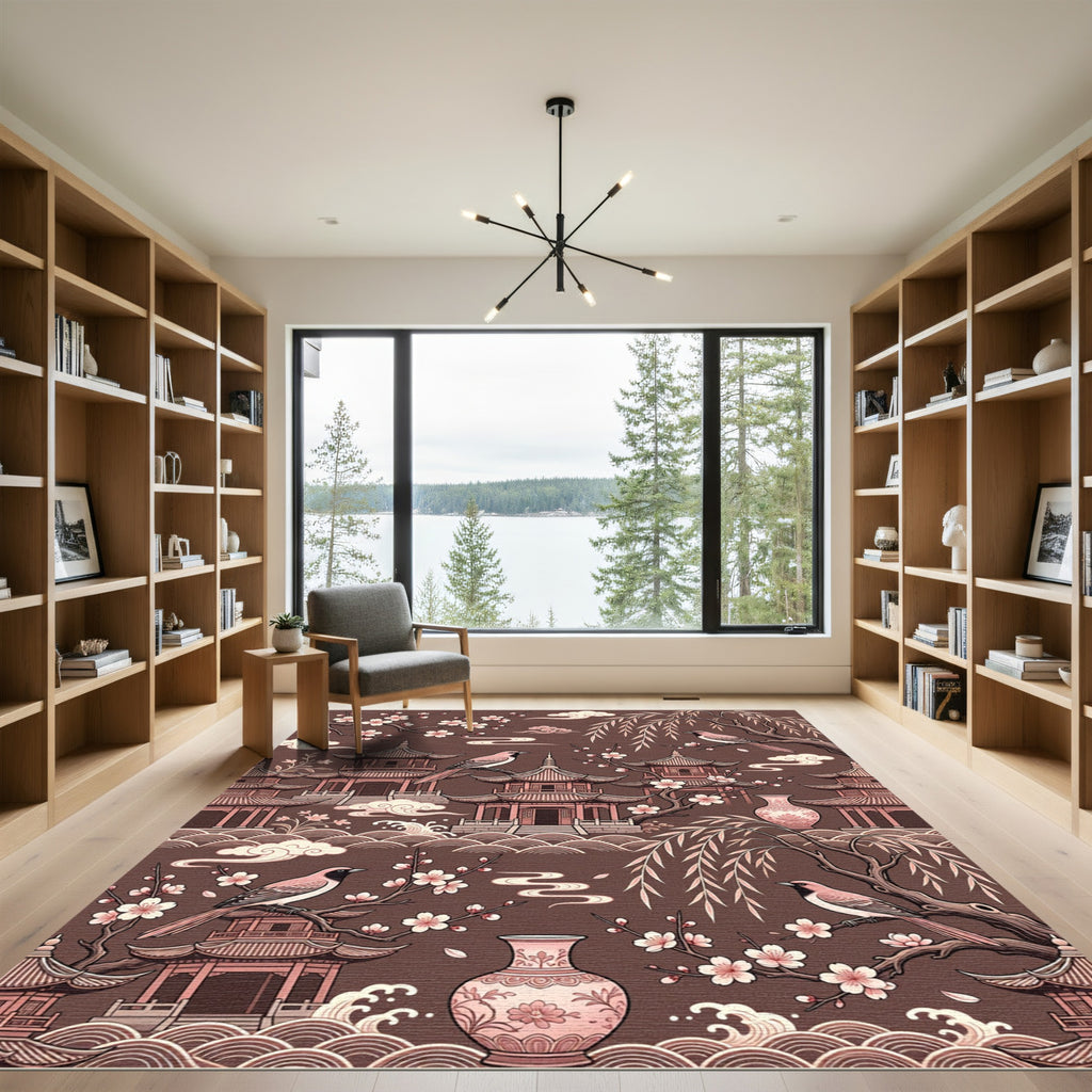 Earthy Pink Pagoda Bird Floral Rug