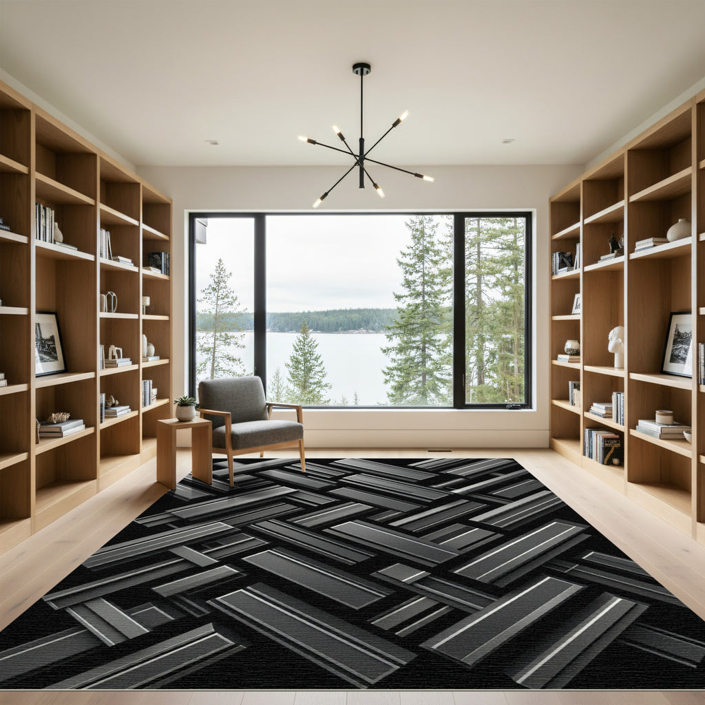 Monochrome Three Dimensional Metallic Geometric Blocks Rug