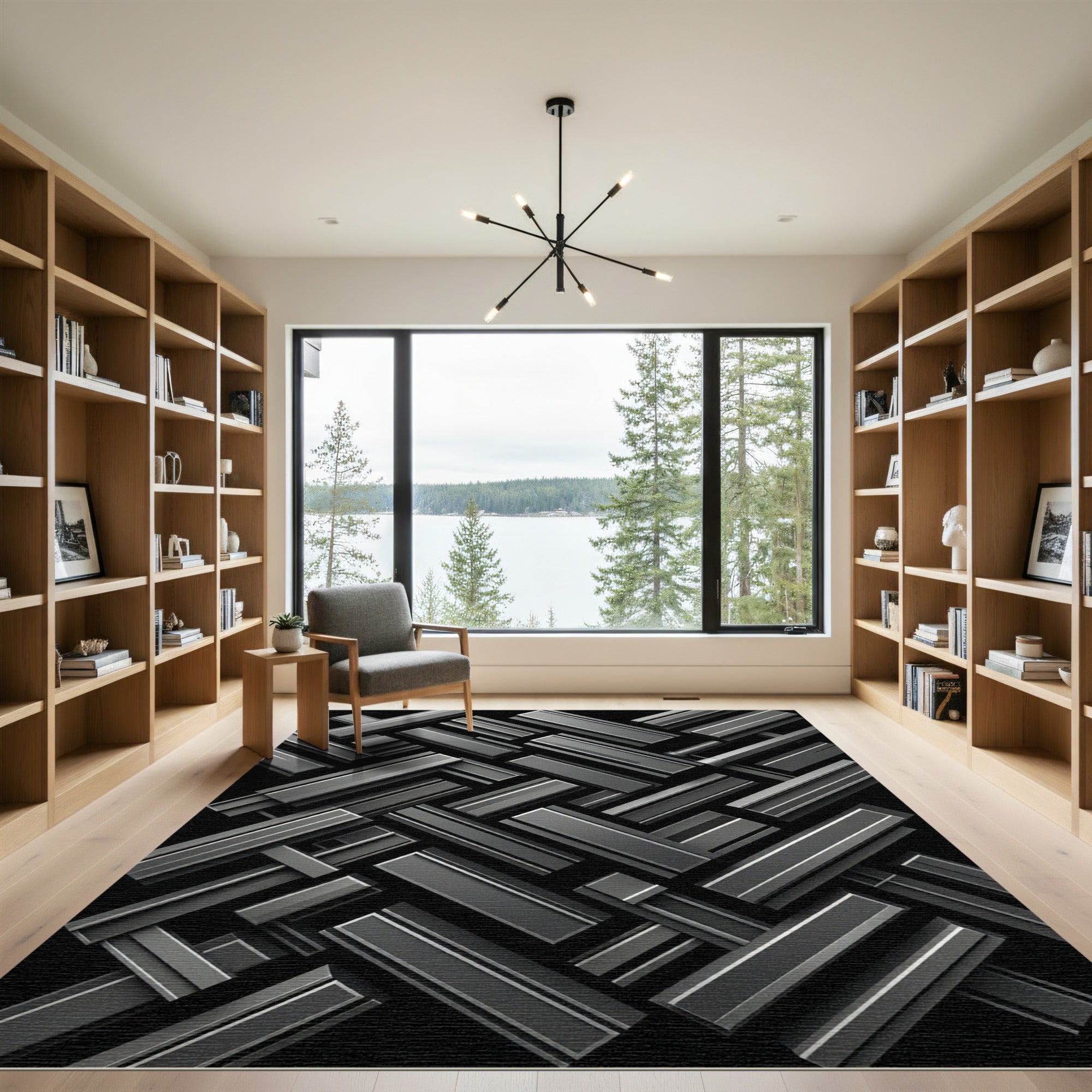 Monochrome Three Dimensional Metallic Geometric Blocks Rug