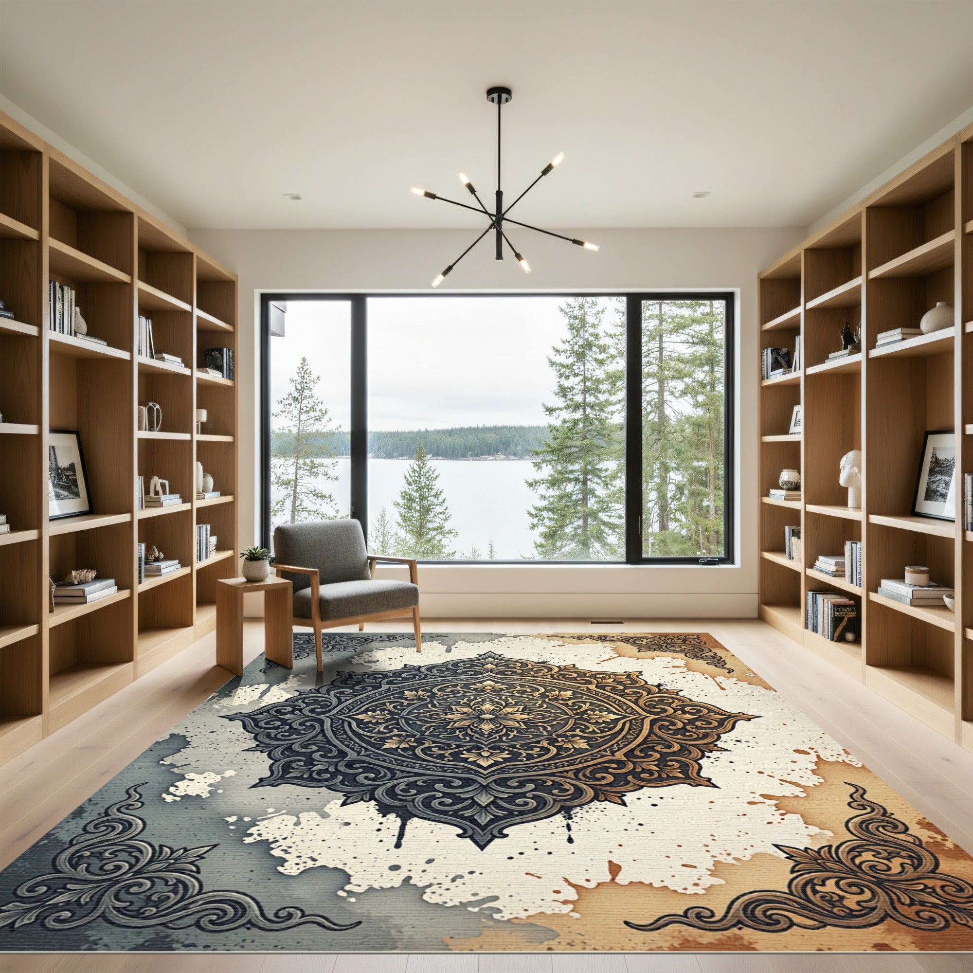 Ornate Dark Gold Floral Medallion Rug